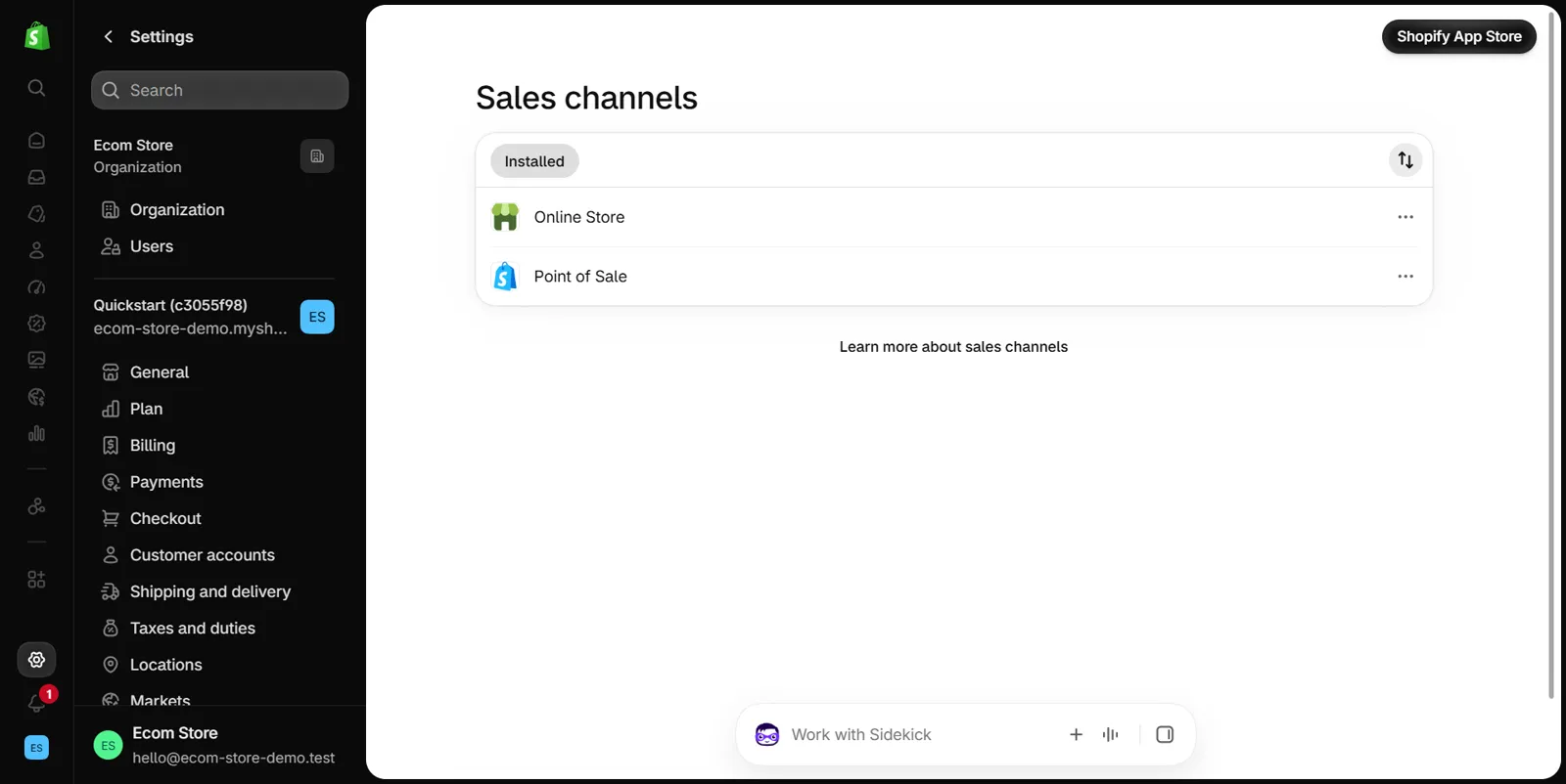 Shopify admin Settings, Sales channels page in a store that has not added the Buy Button yet: the Installed list shows Online Store and Point of Sale, with a Shopify App Store button at the top right