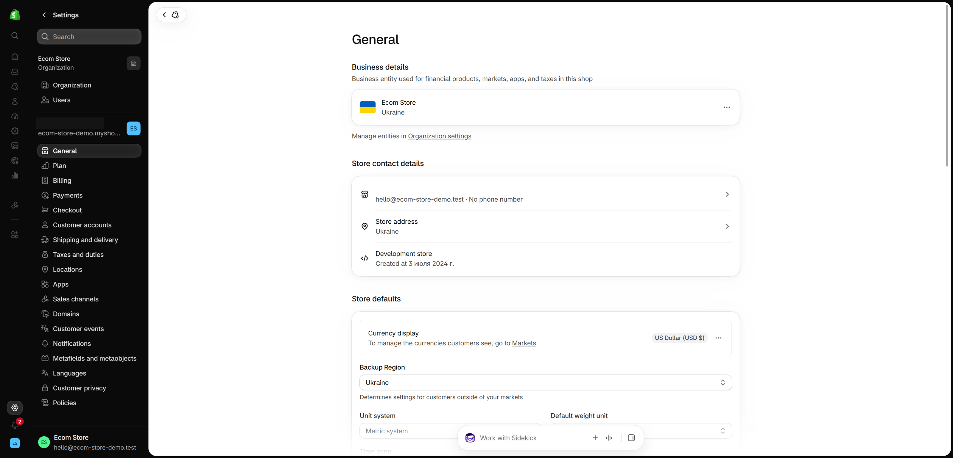 Settings > General in the Shopify admin with the Business details section at the top, showing the store's business entity and country, and Store contact details below it