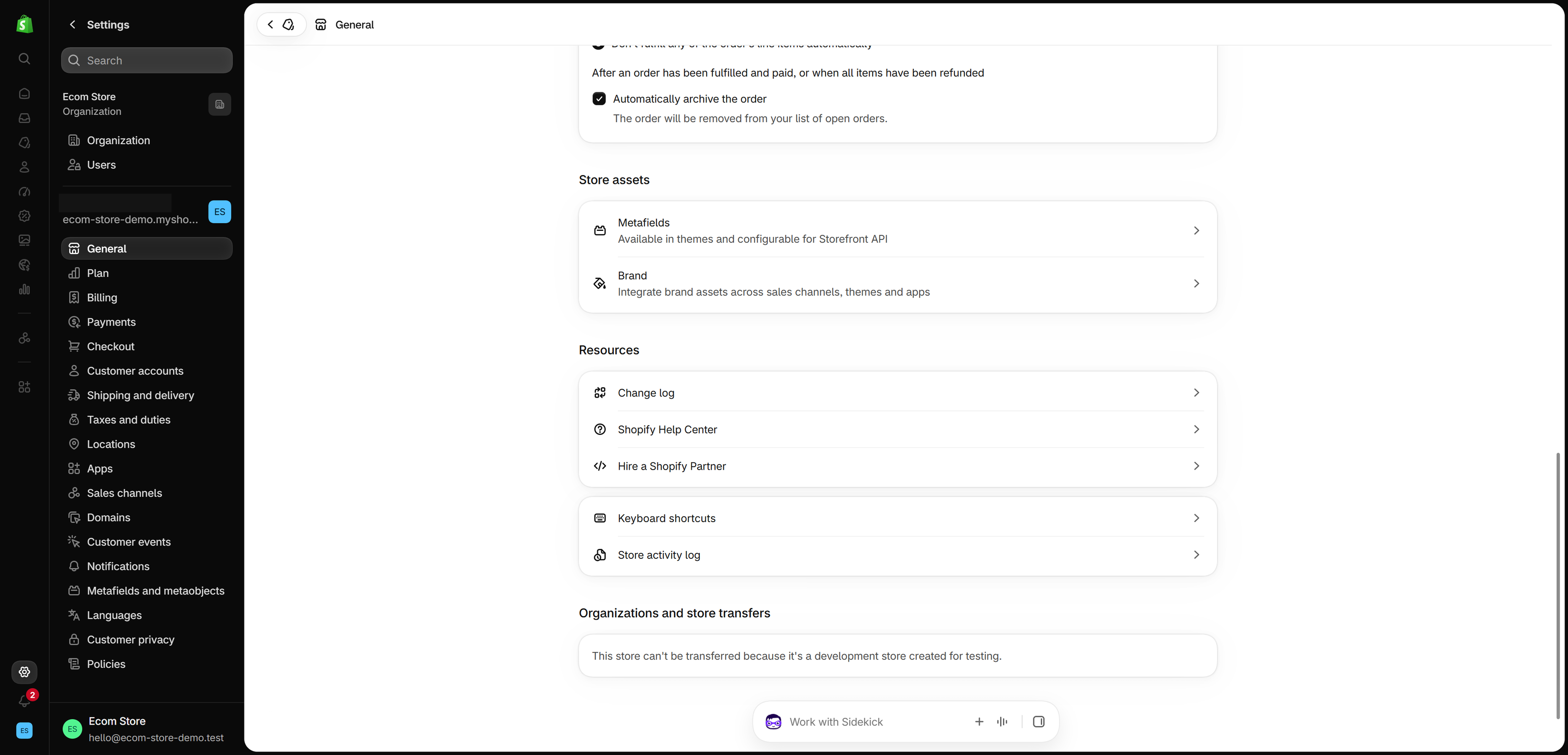 Settings > General in the Shopify admin, scrolled to the Organizations and store transfers section, which says this development store can't be transferred because it was created for testing