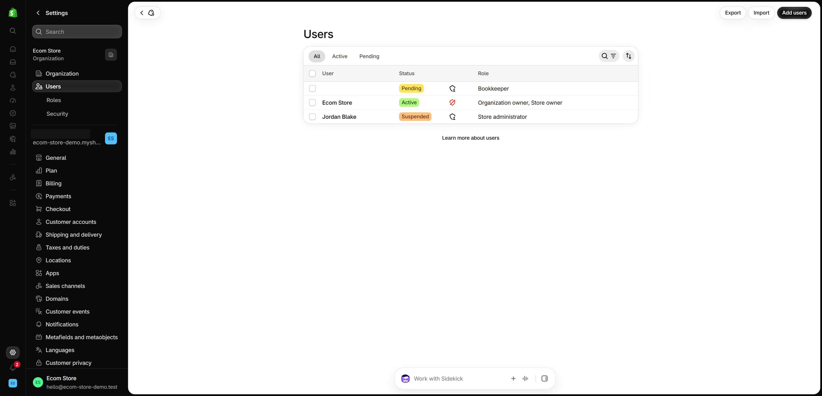 Settings > Users in the Shopify admin, with a table of three users: a pending Bookkeeper invite, the organization and store owner, and a suspended Store administrator