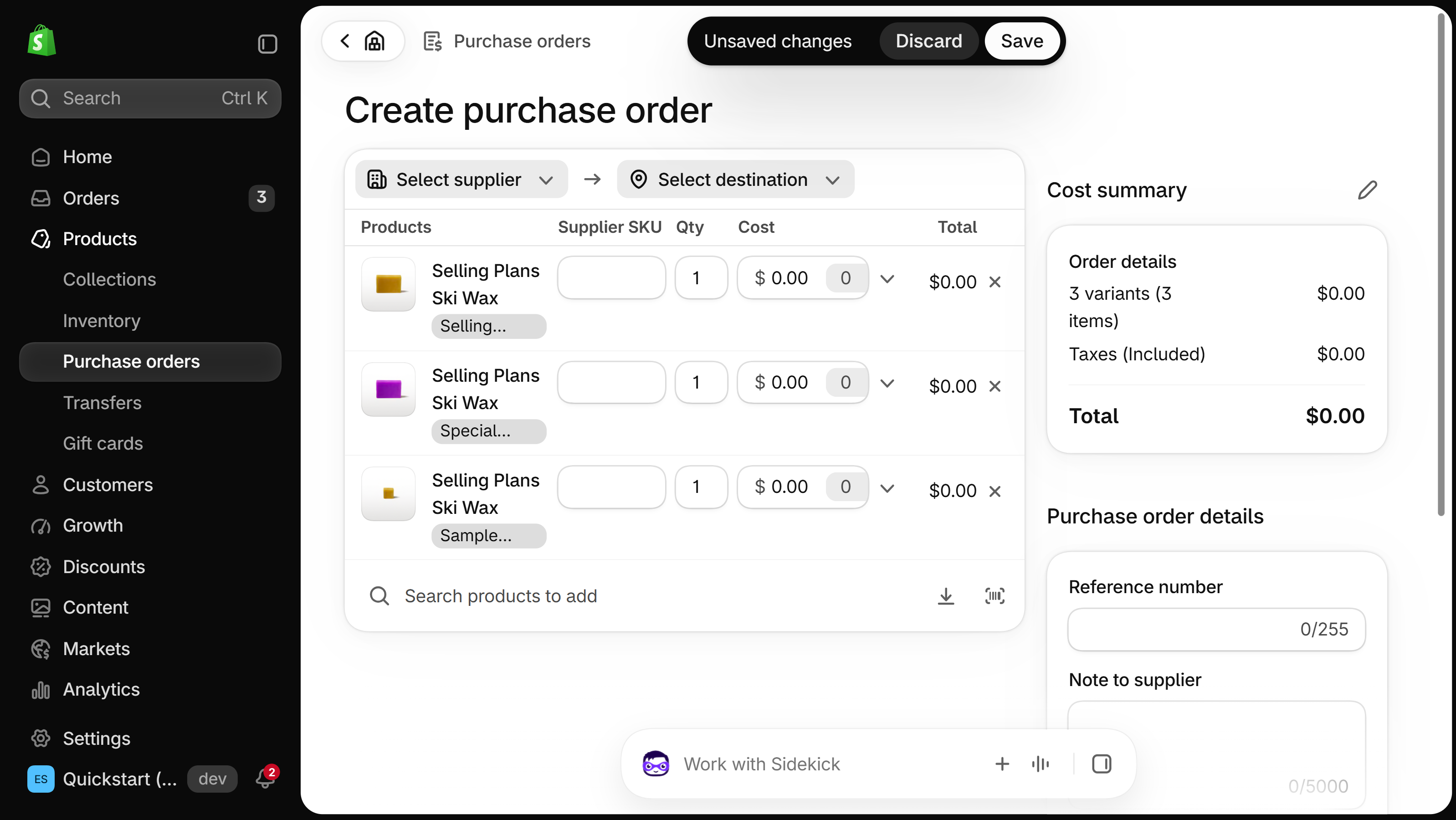 Unsaved Create purchase order form with Select supplier and Select destination fields and three Ski Wax variant lines, each with an empty Supplier SKU field beside Qty, Cost and Total.
