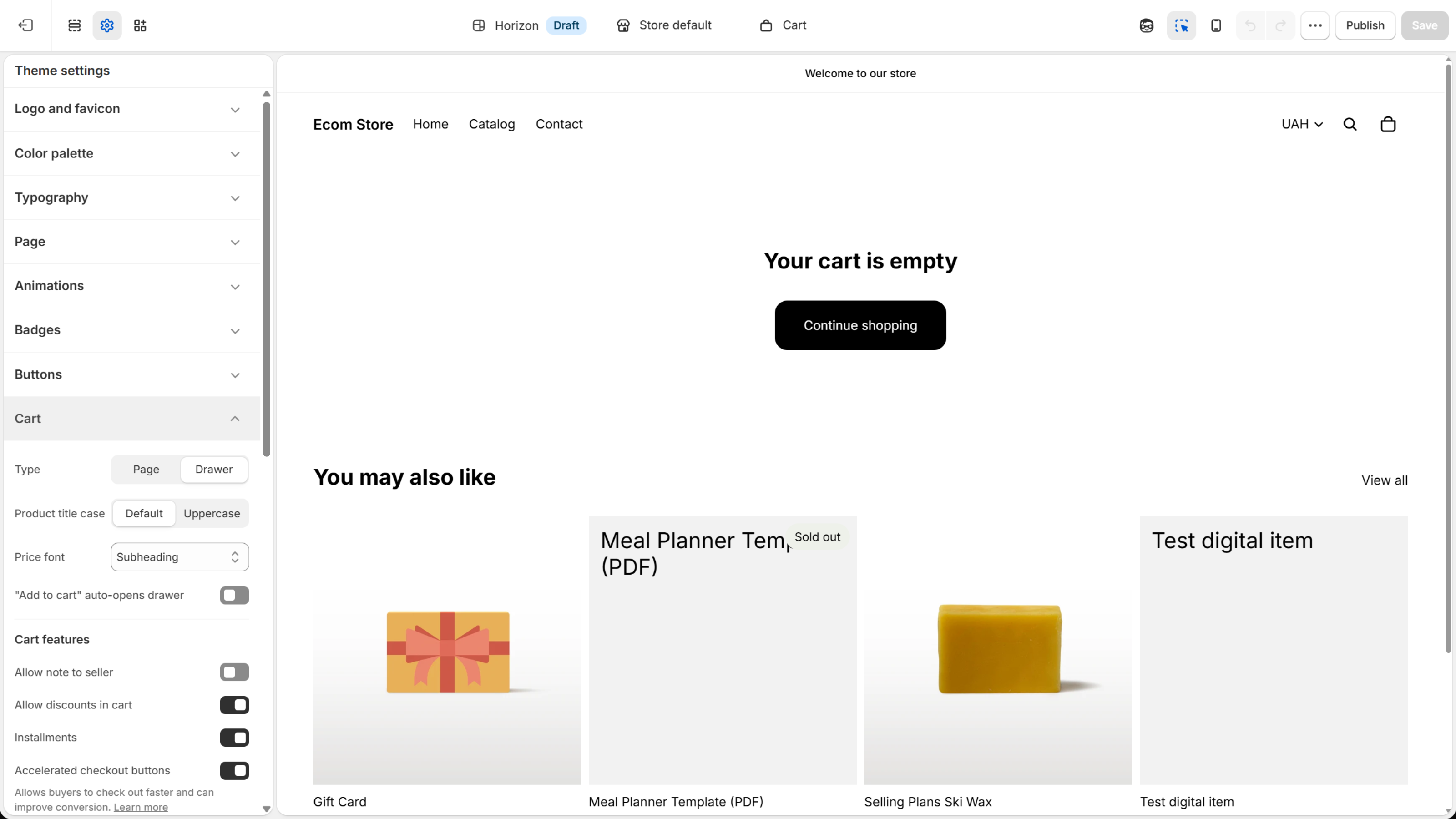 Horizon theme editor with Theme settings open on Cart: Type, Product title case and Price font above a Cart features group with Allow note to seller switched off, Allow discounts in cart, Installments and Accelerated checkout buttons, beside an empty cart preview.