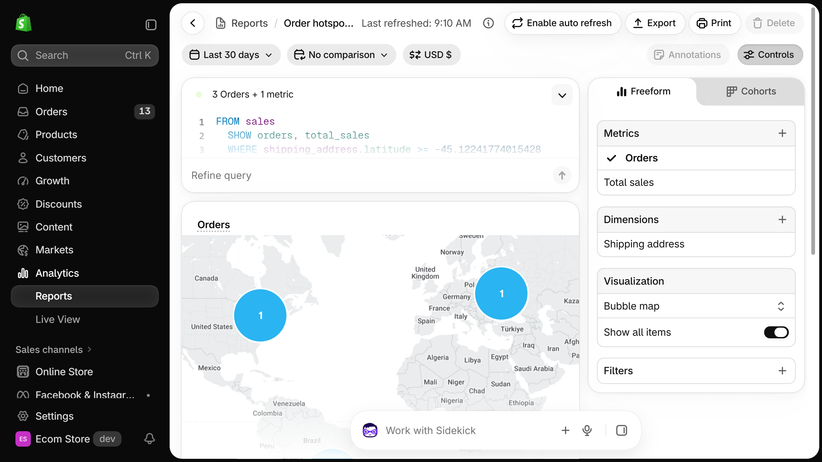 Order hotspots by shipping location report for the last 30 days: a world map with one bubble over the United States and one over Europe, and a Controls panel with Orders under Metrics, Shipping address under Dimensions and Bubble map under Visualization