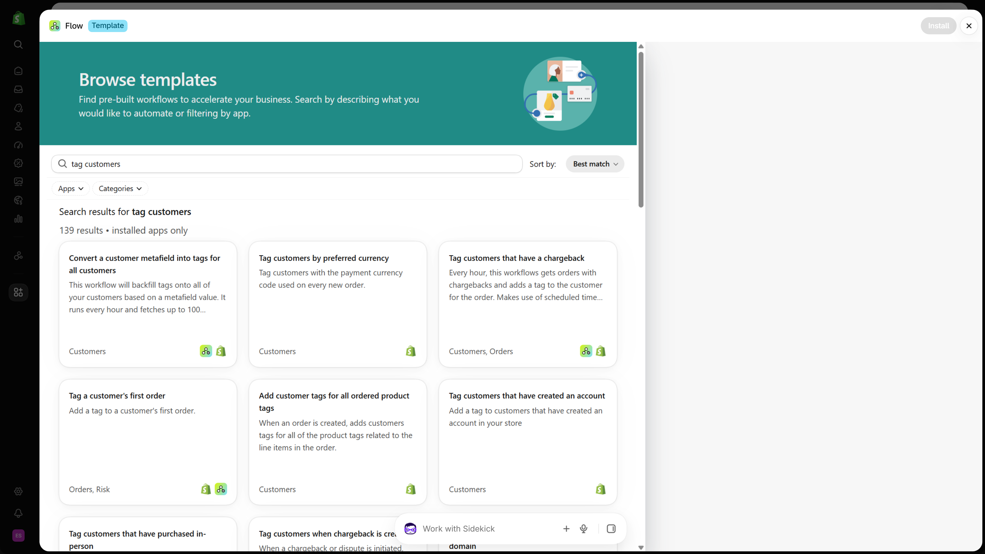 Shopify Flow Browse templates page searched for tag customers, showing template cards such as Convert a customer metafield into tags for all customers and Tag customers that have created an account.