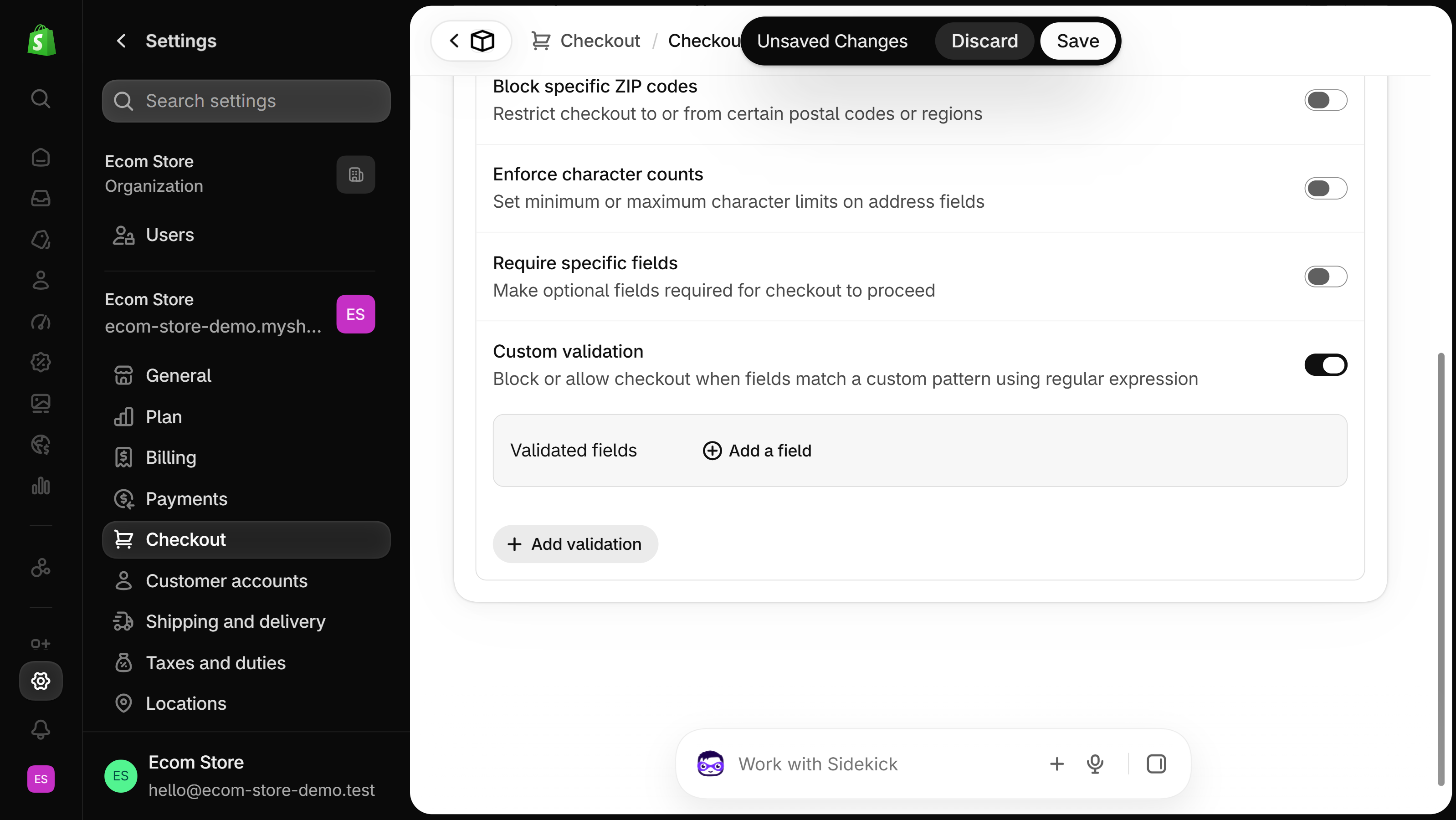 Checkout Blocks address format validation rule editor with the Custom validation toggle on and Validated fields with Add a field below it