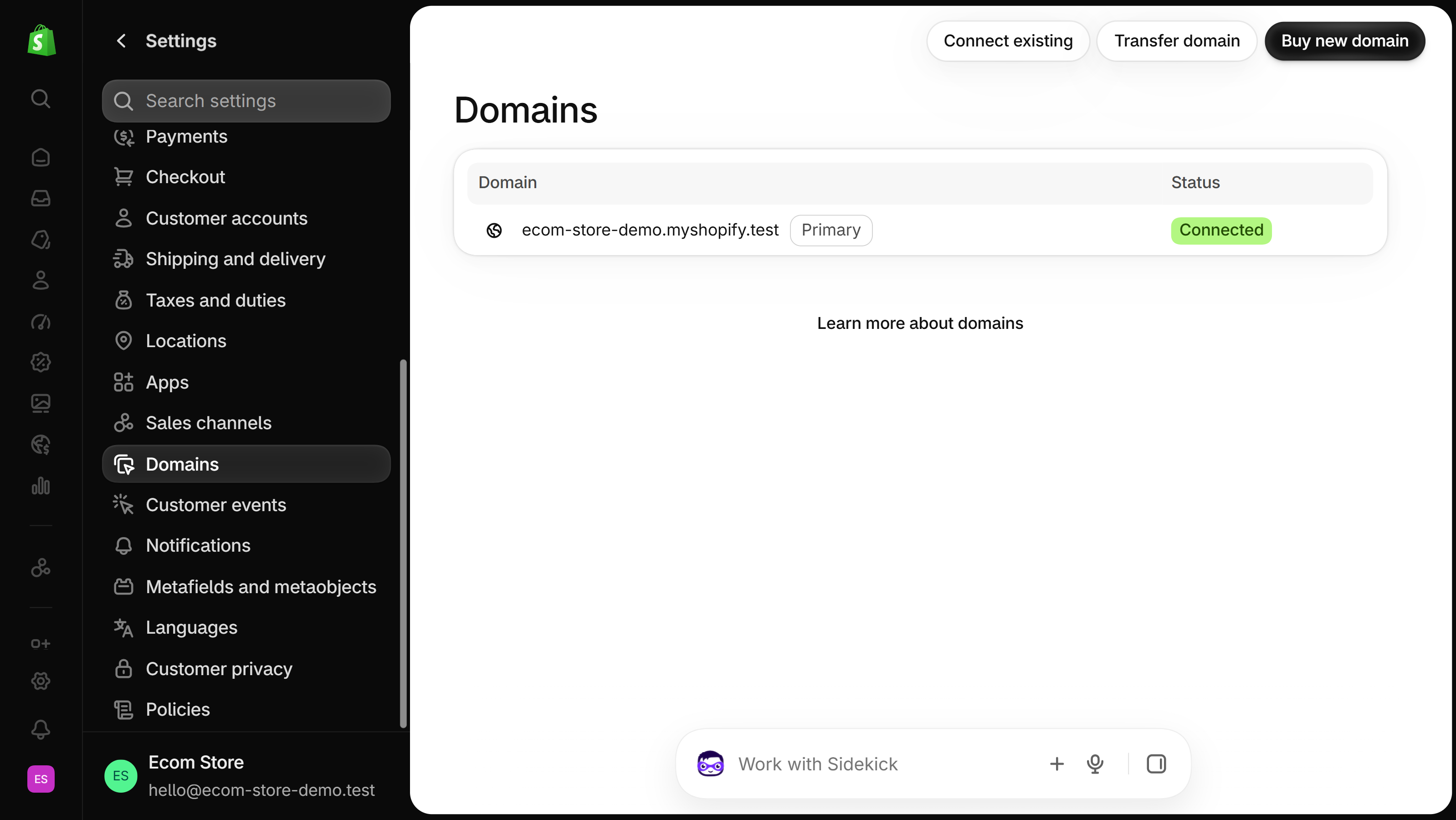 Settings Domains page with the Connect existing, Transfer domain and Buy new domain buttons above the domain list