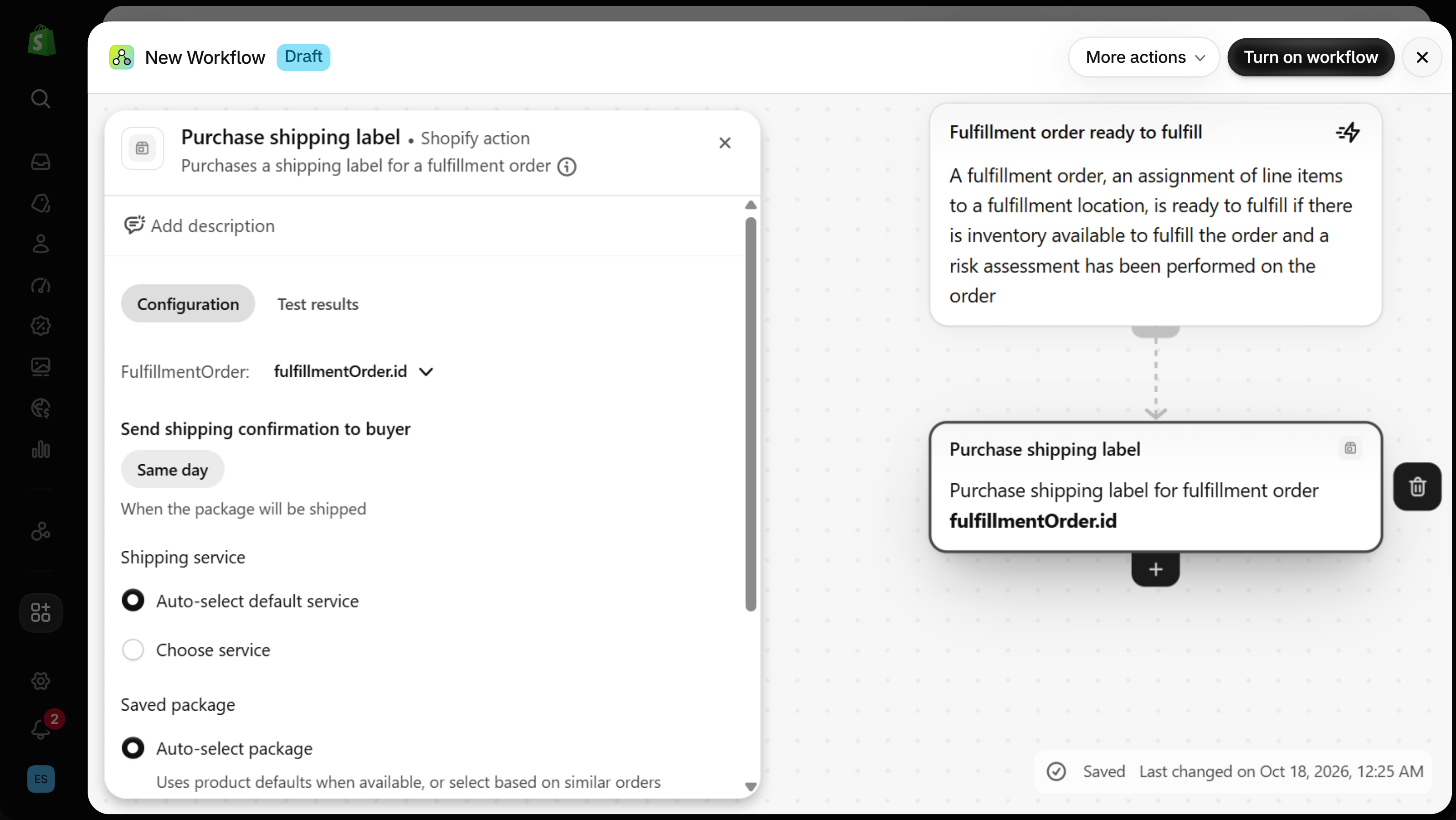 Shopify Flow workflow editor: trigger Fulfillment order ready to fulfill, then the Purchase shipping label action with its Configuration panel showing Send shipping confirmation to buyer, Shipping service and Saved package