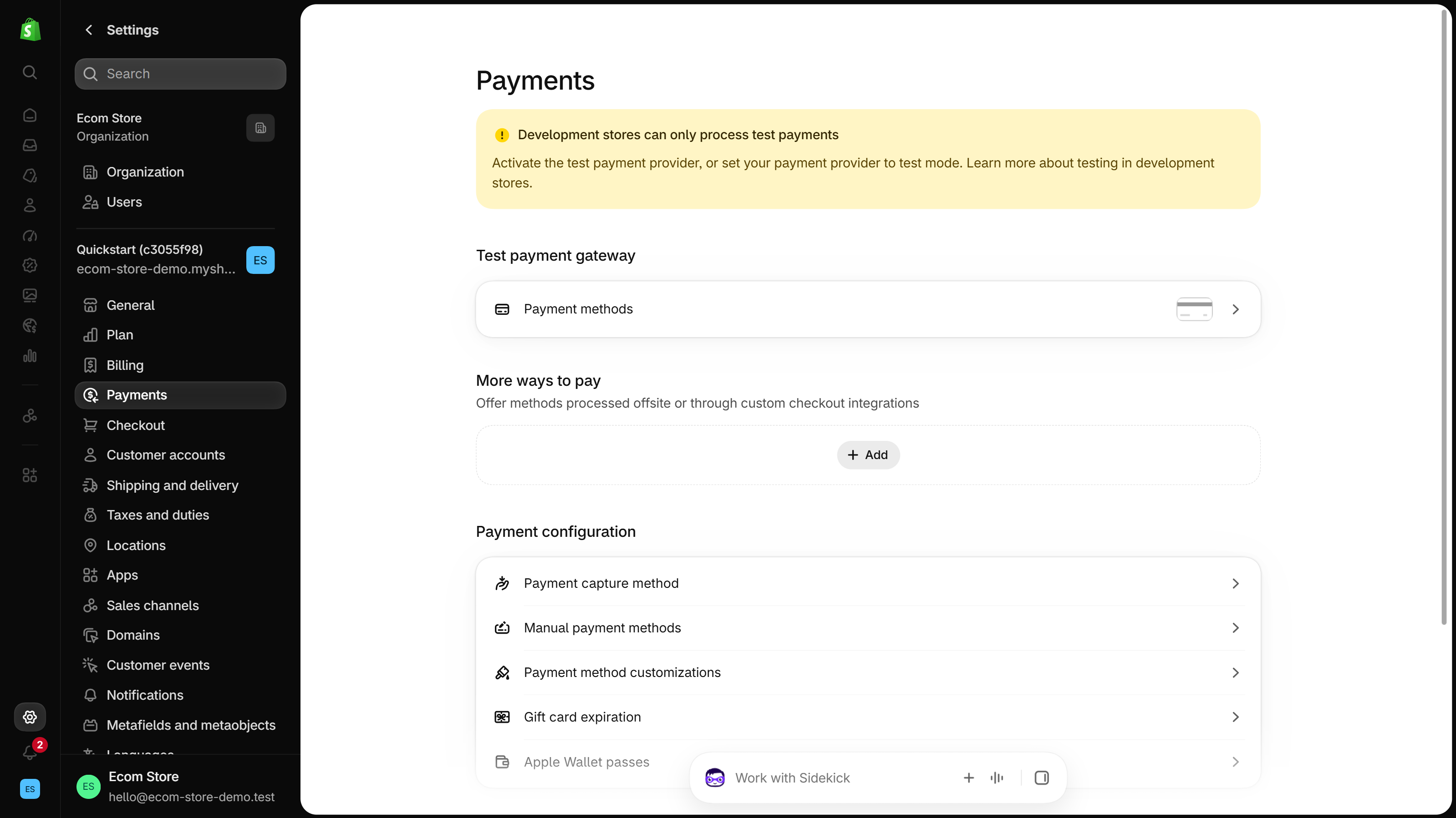 Shopify admin Payments settings with the Payment configuration section listing Payment capture method, Manual payment methods, Payment method customizations and Gift card expiration