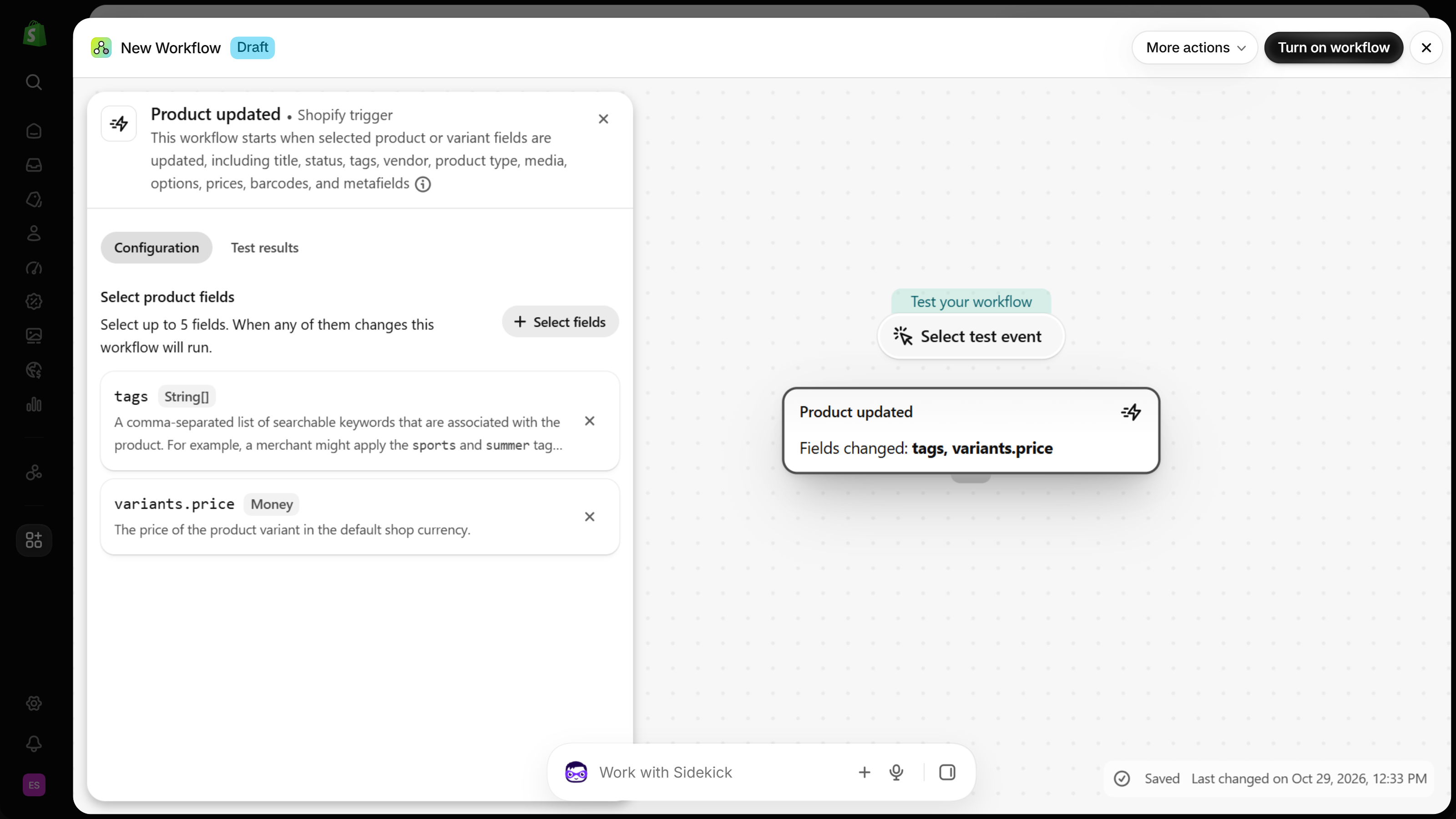 Shopify Flow workflow editor with the Product updated trigger panel open: Select product fields, a Select fields button, and two chosen fields, tags and variants.price, also listed under Fields changed on the canvas.