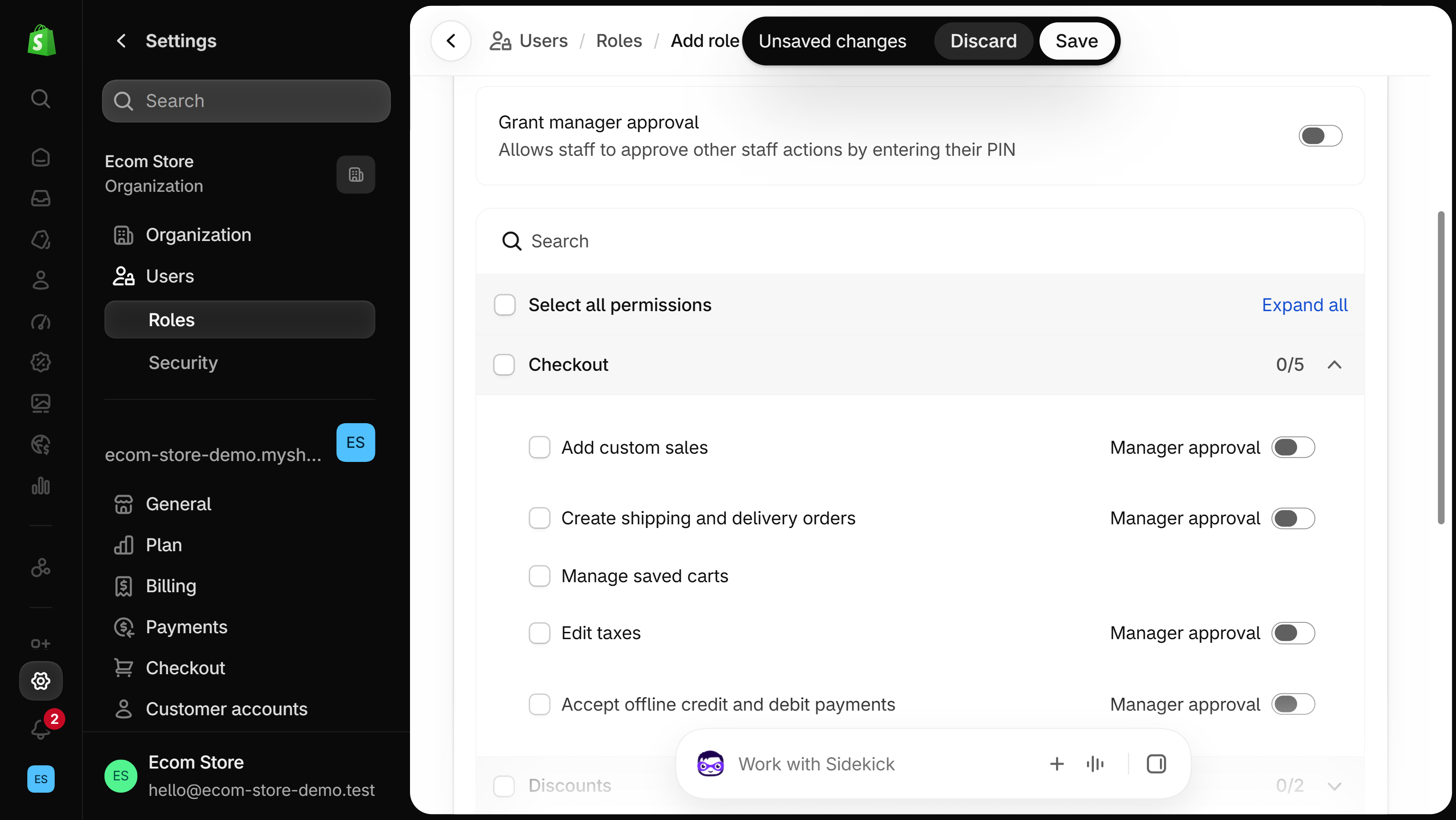 Add role form for a Point of Sale role with the Checkout group open, listing Create shipping and delivery orders among its permissions