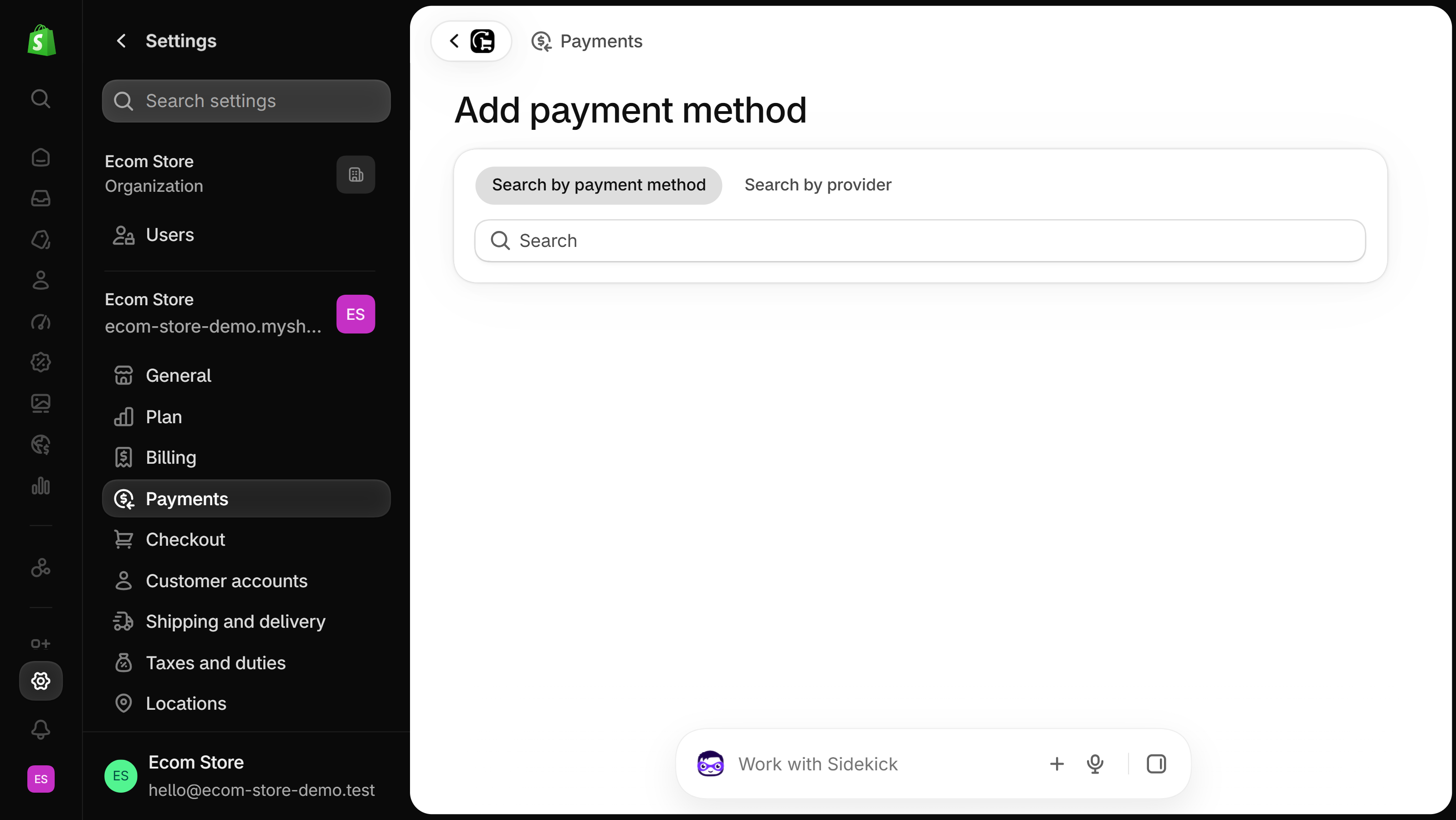 Shopify admin Add payment method page with Search by payment method and Search by provider tabs above an empty search field
