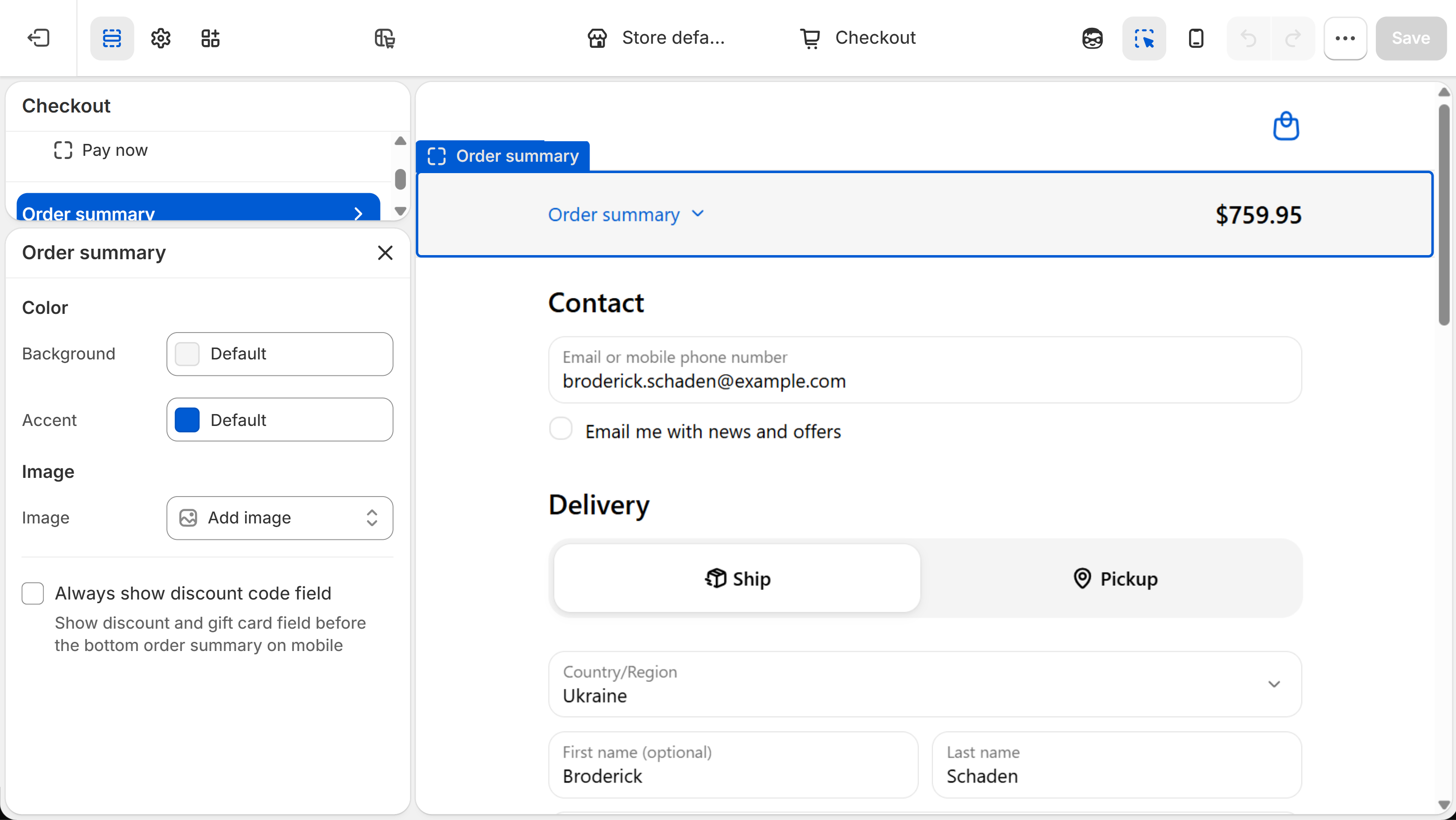 Shopify checkout editor with the Order summary panel open, showing Background and Accent colors and an Add image field beside a checkout preview