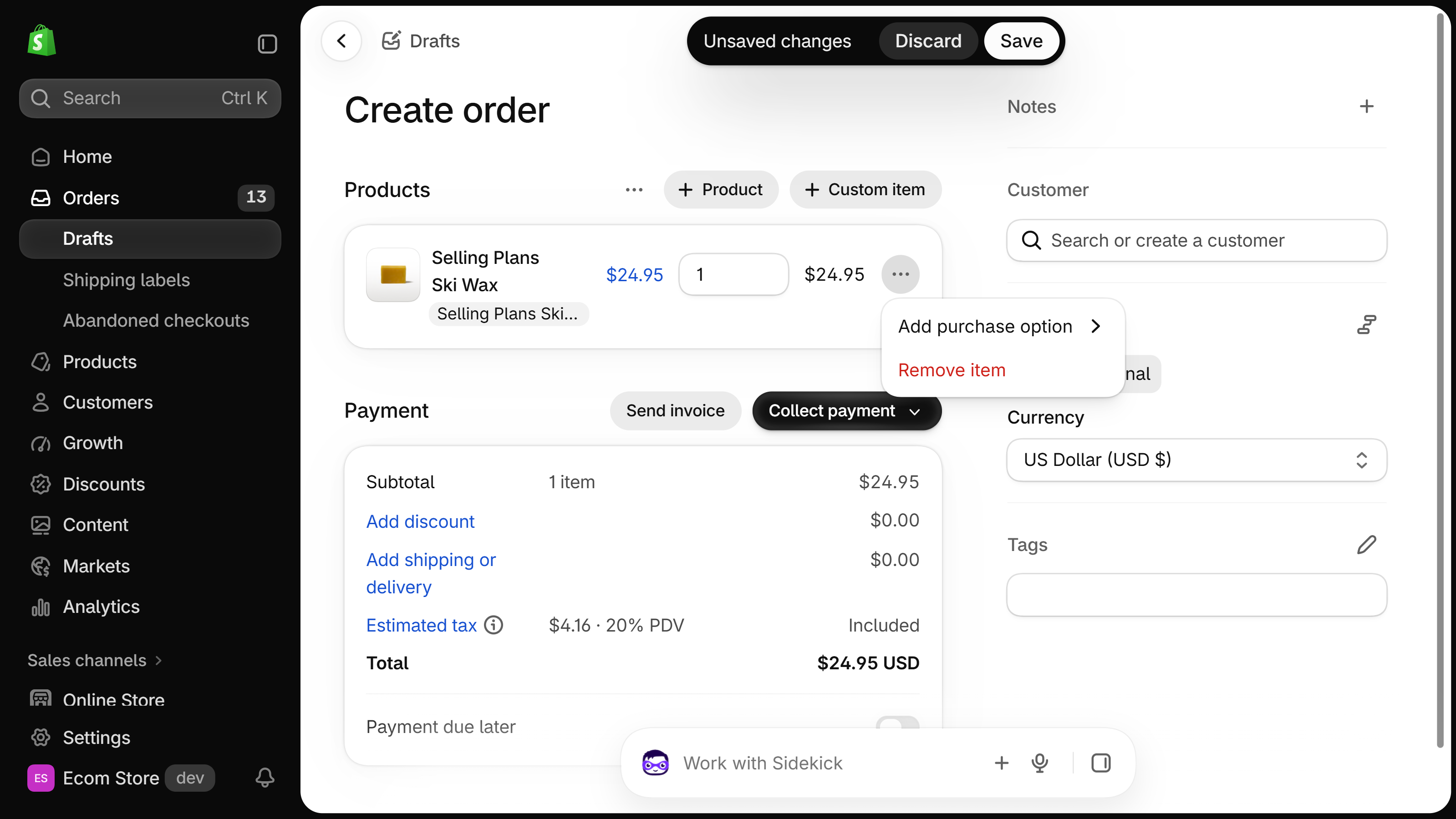 Create order form in the Shopify admin with a subscription product added in Products and its ··· menu open, showing Add purchase option and Remove item