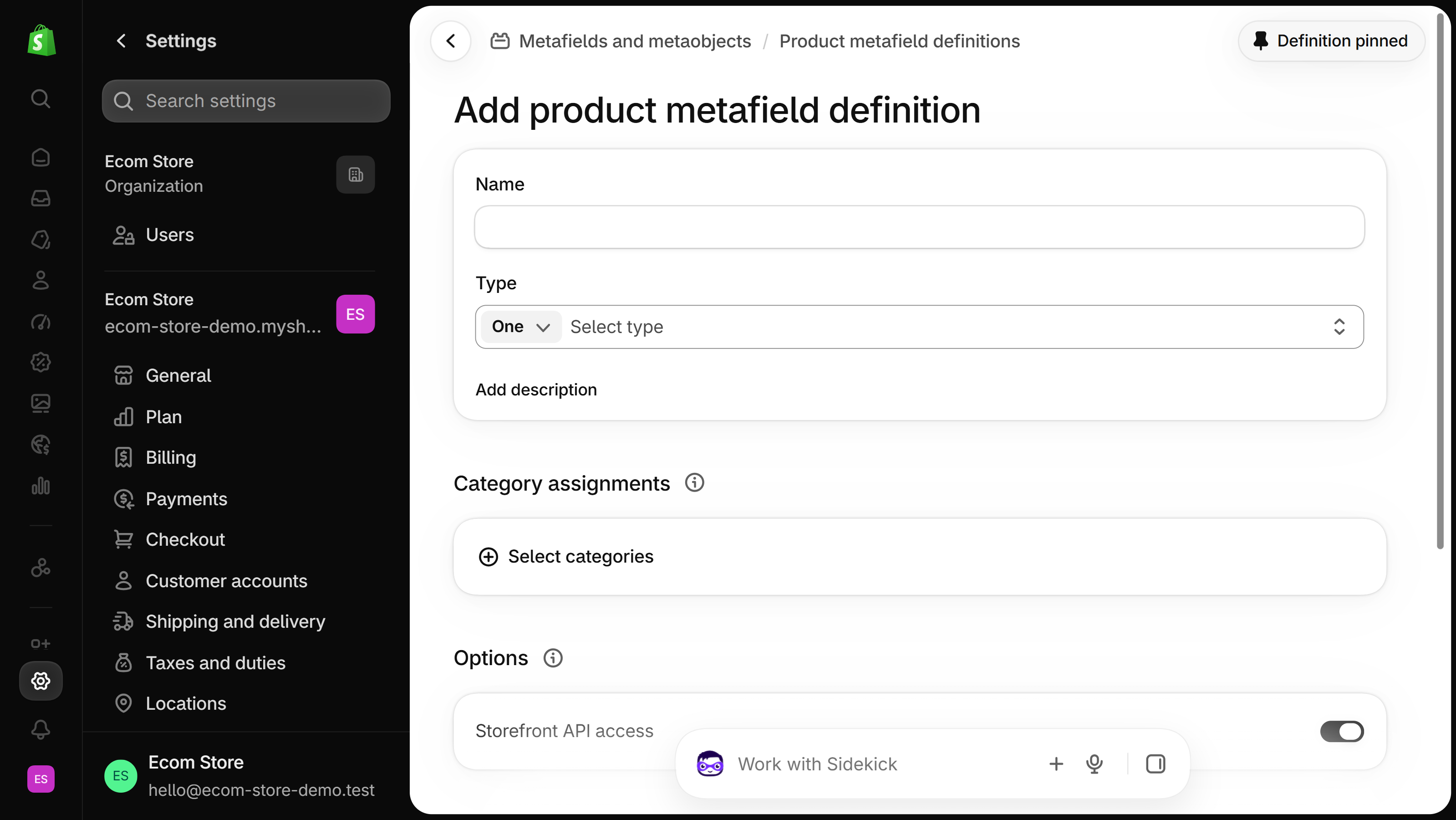 Add product metafield definition form in Shopify Settings, under Metafields and metaobjects and Product metafield definitions: empty Name field and a Type field showing Select type