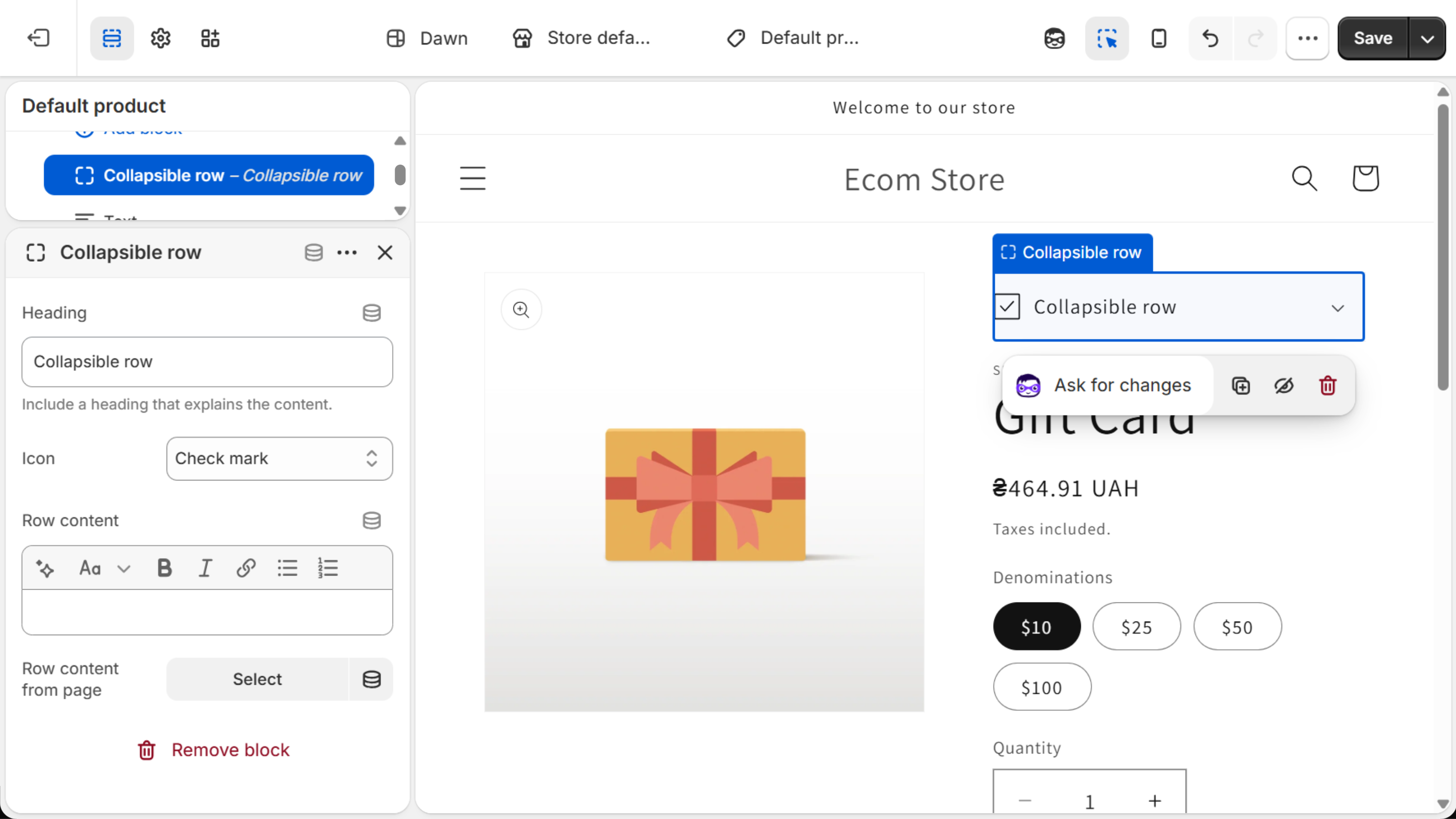 Dawn theme editor, Default product template: settings of a Collapsible row block with Heading, Icon and Row content fields, and a database icon beside the Row content label