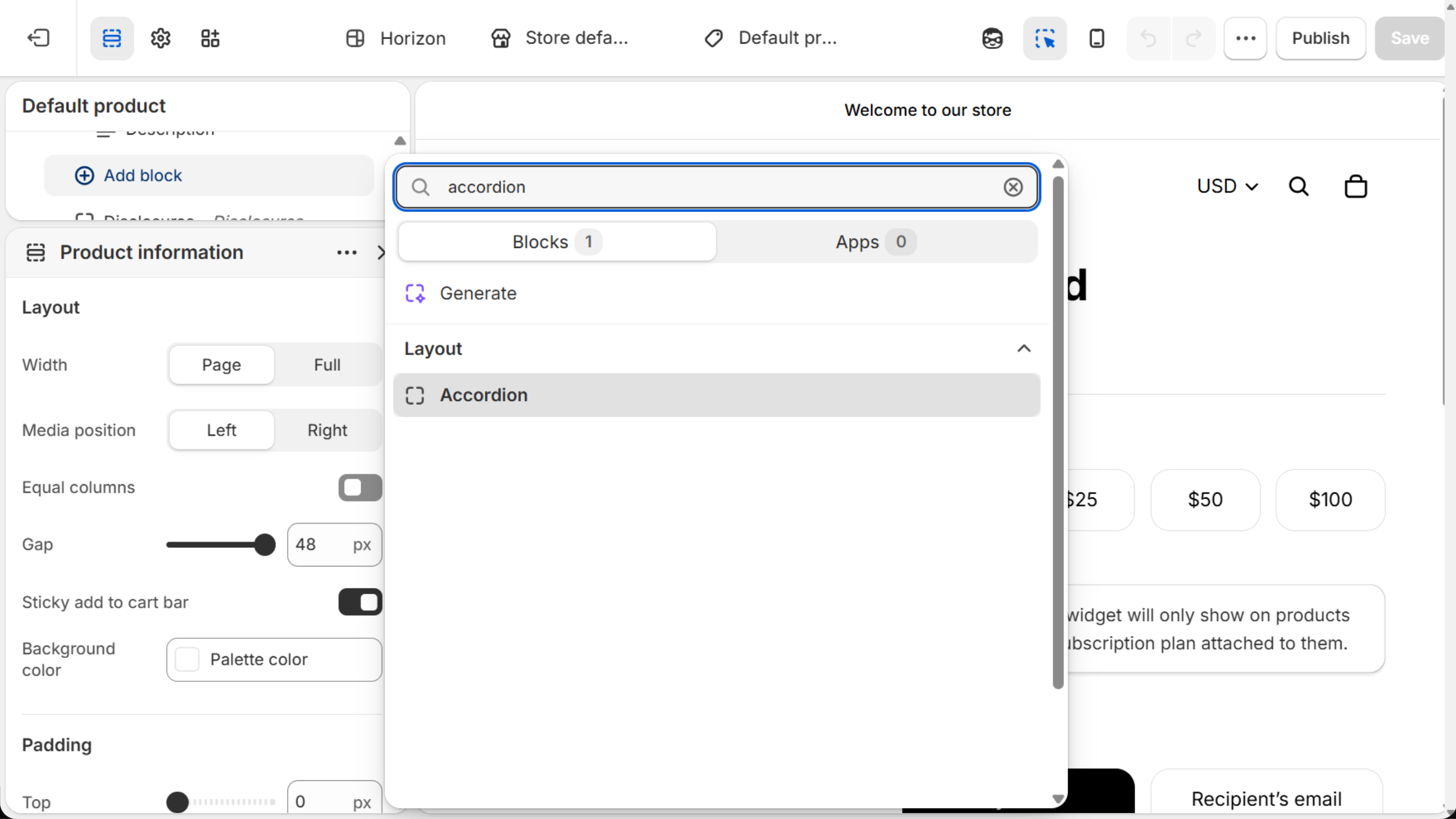 Horizon theme editor, Default product template: the Add block picker of the Product information section, searched for accordion, lists one block, Accordion, under Layout