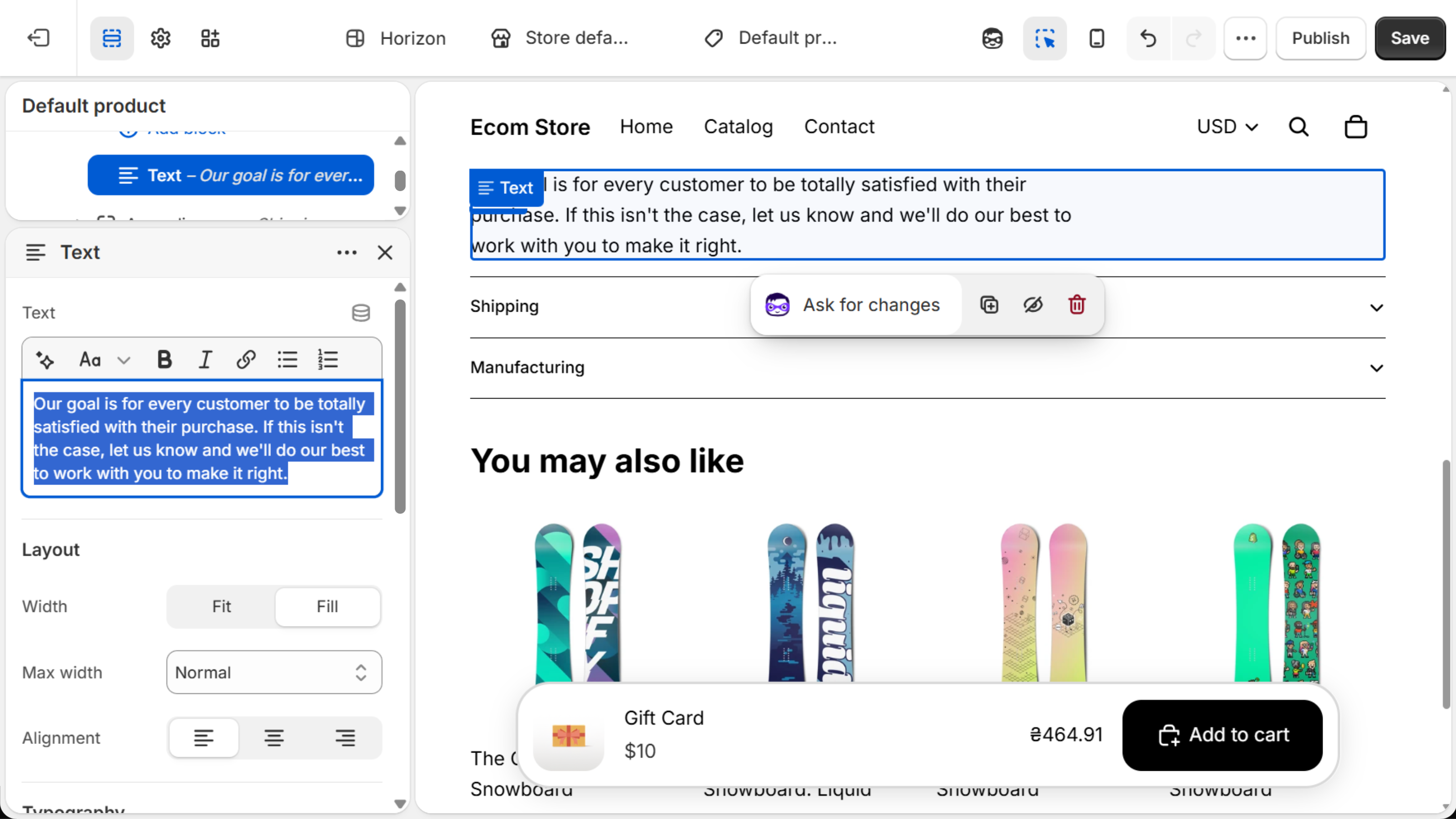 Horizon theme editor, Default product template: settings of a Text block inside an Accordion row, with a database icon beside the Text label and the row text selected