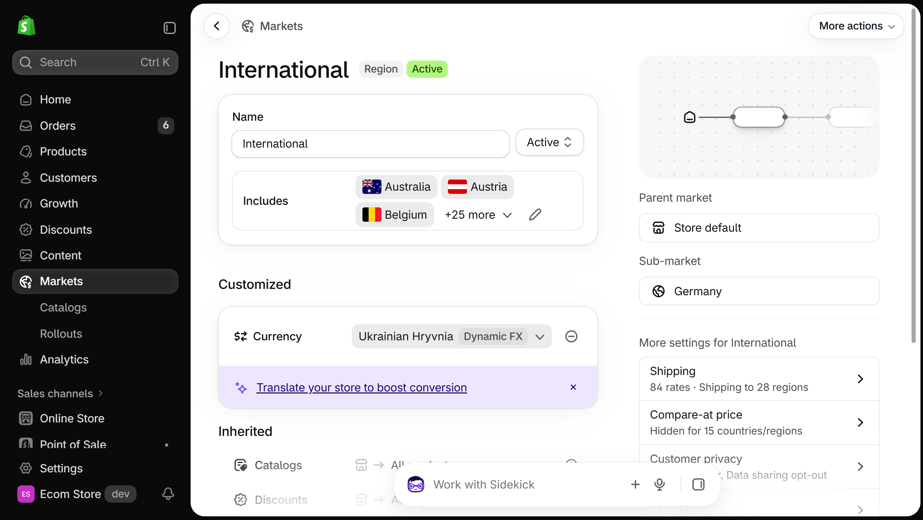 Shopify admin, page of the International market: Region and Active badges, a status selector set to Active beside the Name field, and an Includes card listing Australia, Austria, Belgium and 25 more with an edit icon; Markets highlighted in the left menu