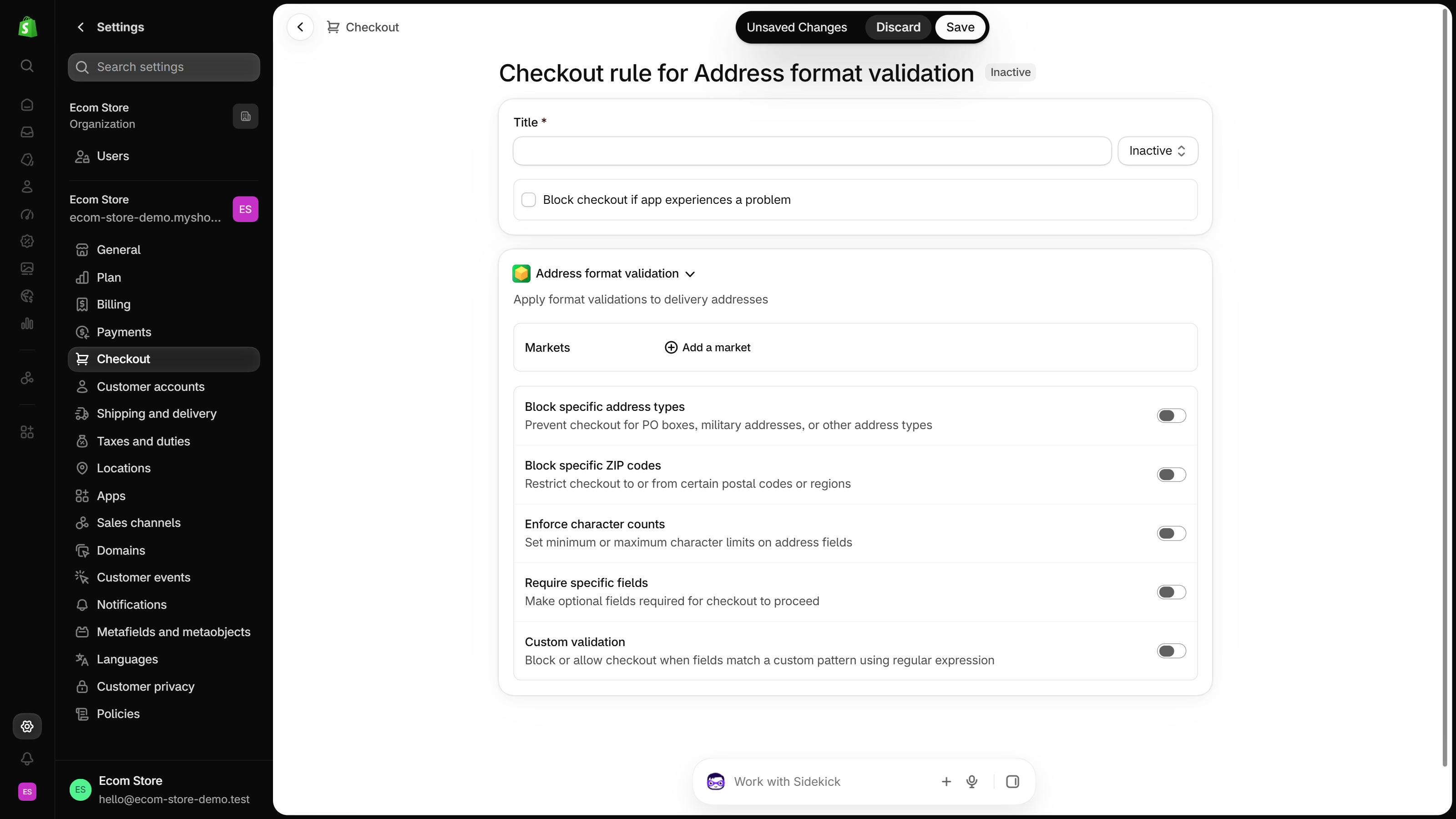 Shopify admin, Checkout rule for Address format validation form: a Title field, an Inactive status and five switches: Block specific address types, Block specific ZIP codes, Enforce character counts, Require specific fields, Custom validation
