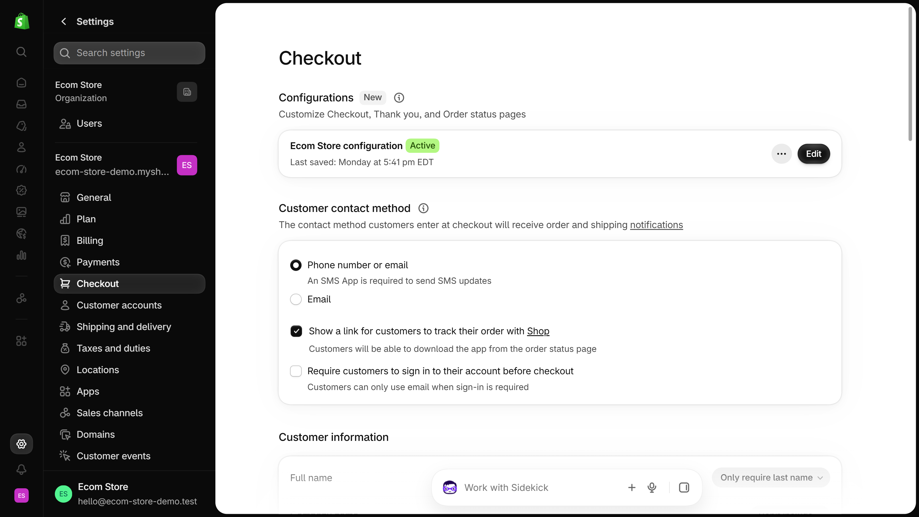 Shopify admin Settings, Checkout page: in Customer contact method the checkbox "Require customers to sign in to their account before checkout" is unchecked, with the note "Customers can only use email when sign-in is required"