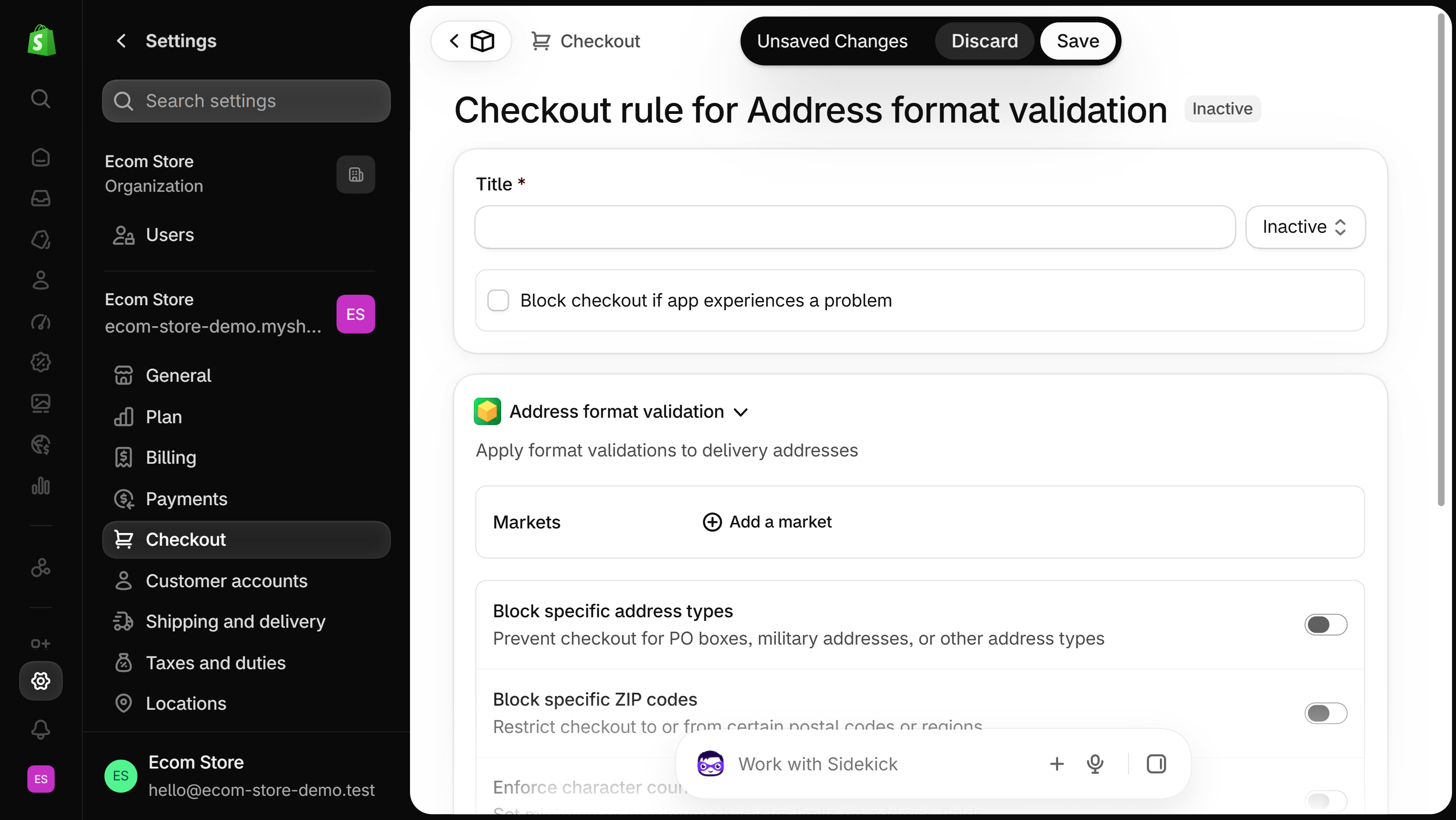 Checkout rule for Address format validation page in the Shopify admin, status Inactive, with Title, Block checkout if app experiences a problem, Markets, and toggles for Block specific address types and Block specific ZIP codes