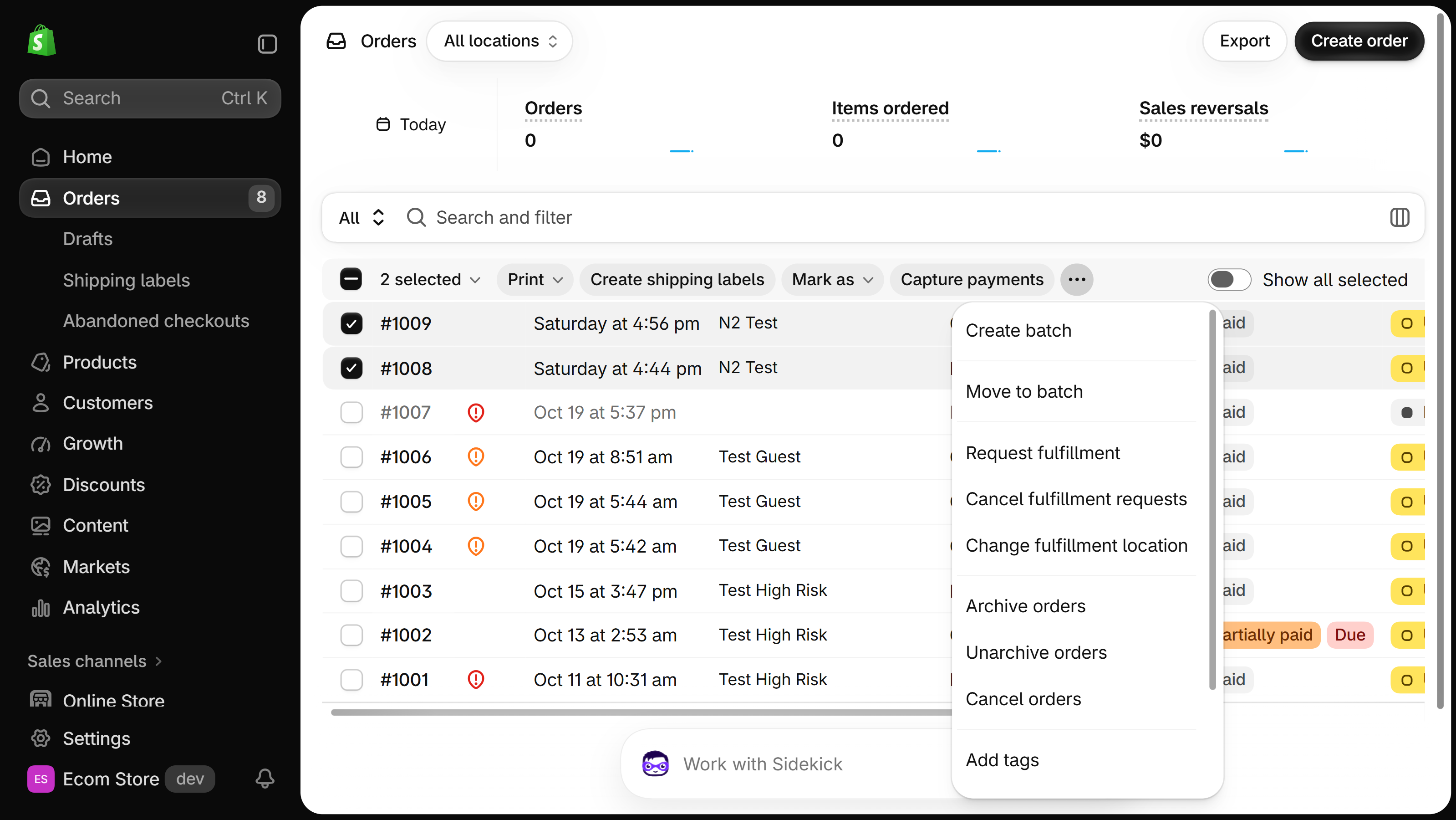 Shopify Orders list with two orders selected, the bulk actions bar and the … menu open