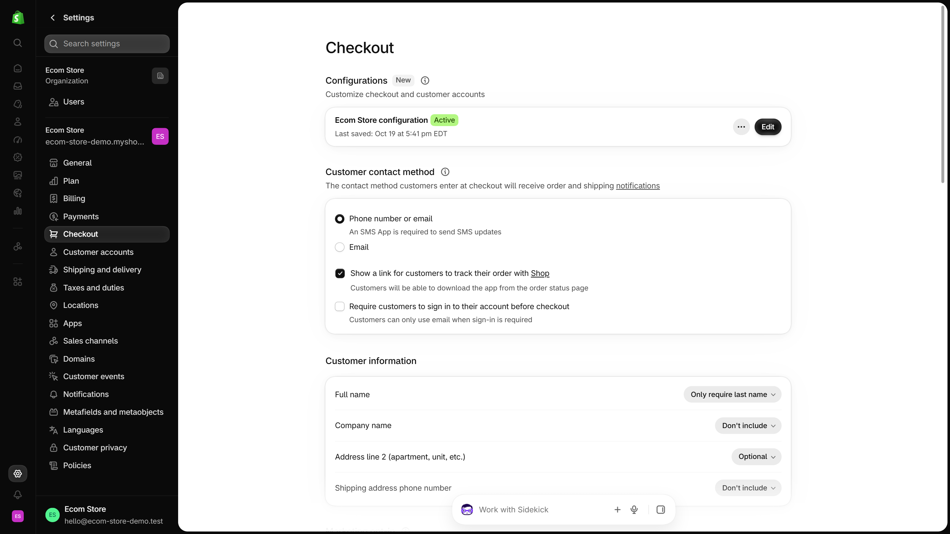 Shopify admin Settings, Checkout page: the Customer contact method section with Phone number or email and Email options, and below it the Customer information section listing Full name, Company name, Address line 2 and Shipping address phone number.