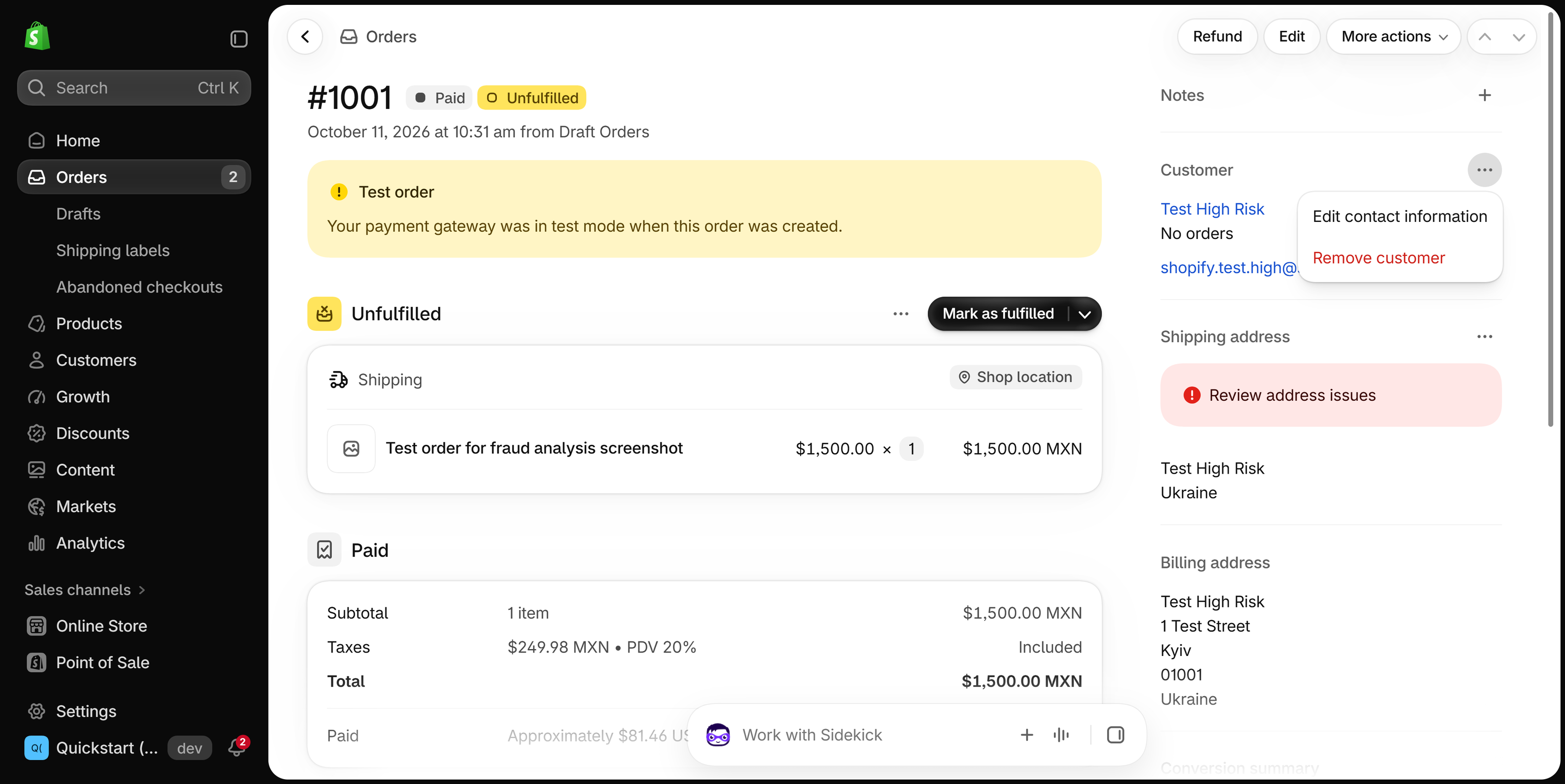Shopify admin order page with the Customer section menu open, listing Edit contact information and Remove customer
