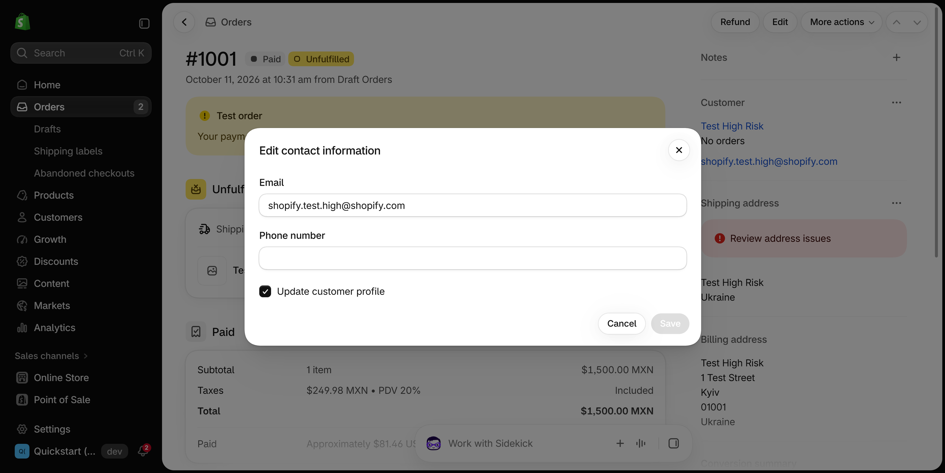 Edit contact information dialog on a Shopify order with Email and Phone number fields and an Update customer profile checkbox