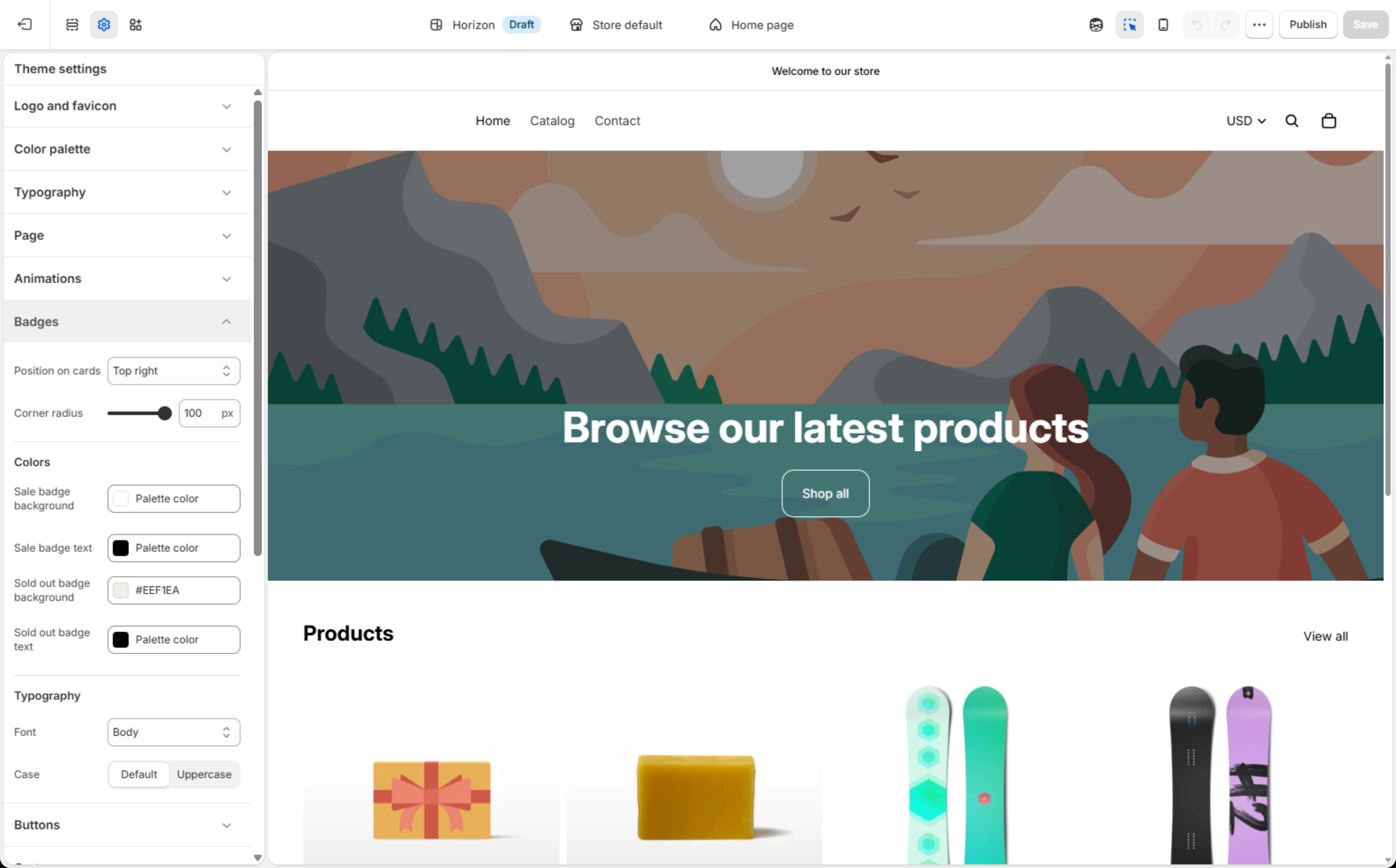 Theme settings panel in the Shopify theme editor with the Badges section open: Position on cards, Corner radius, and separate Sale and Sold out badge background and text colors