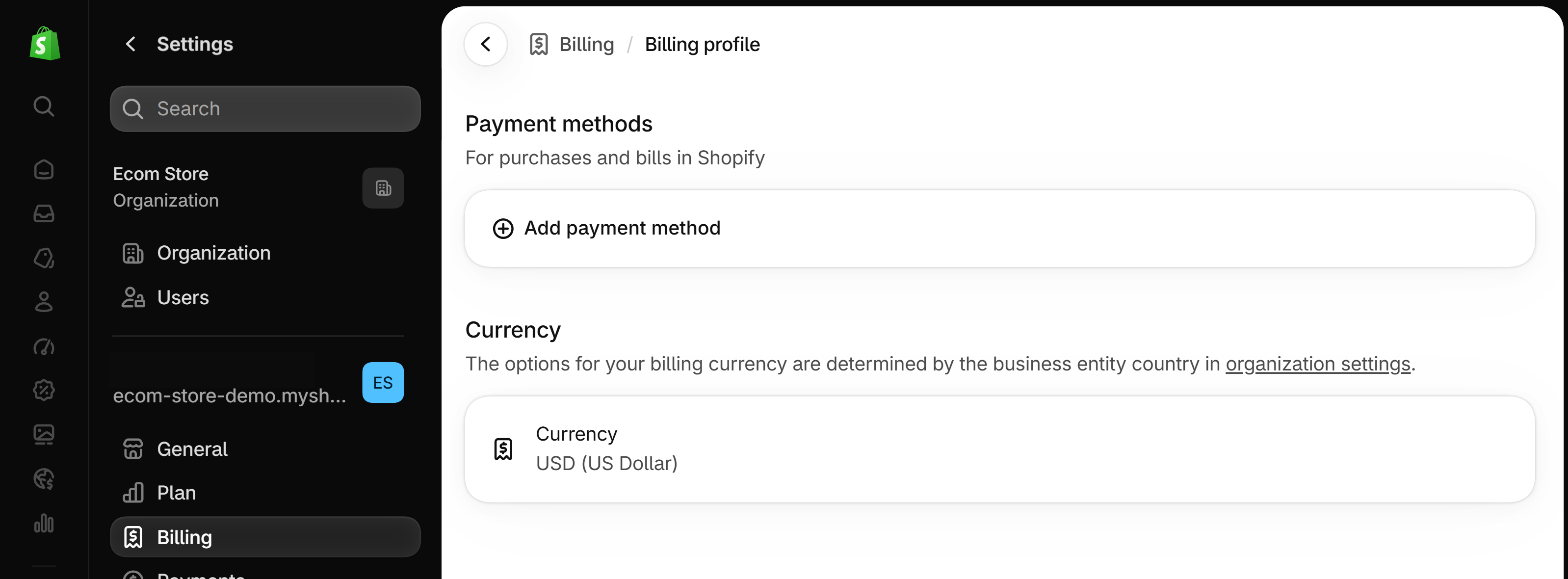 Billing profile page with a Payment methods section and an Add payment method button, above a Currency section showing USD (US Dollar).