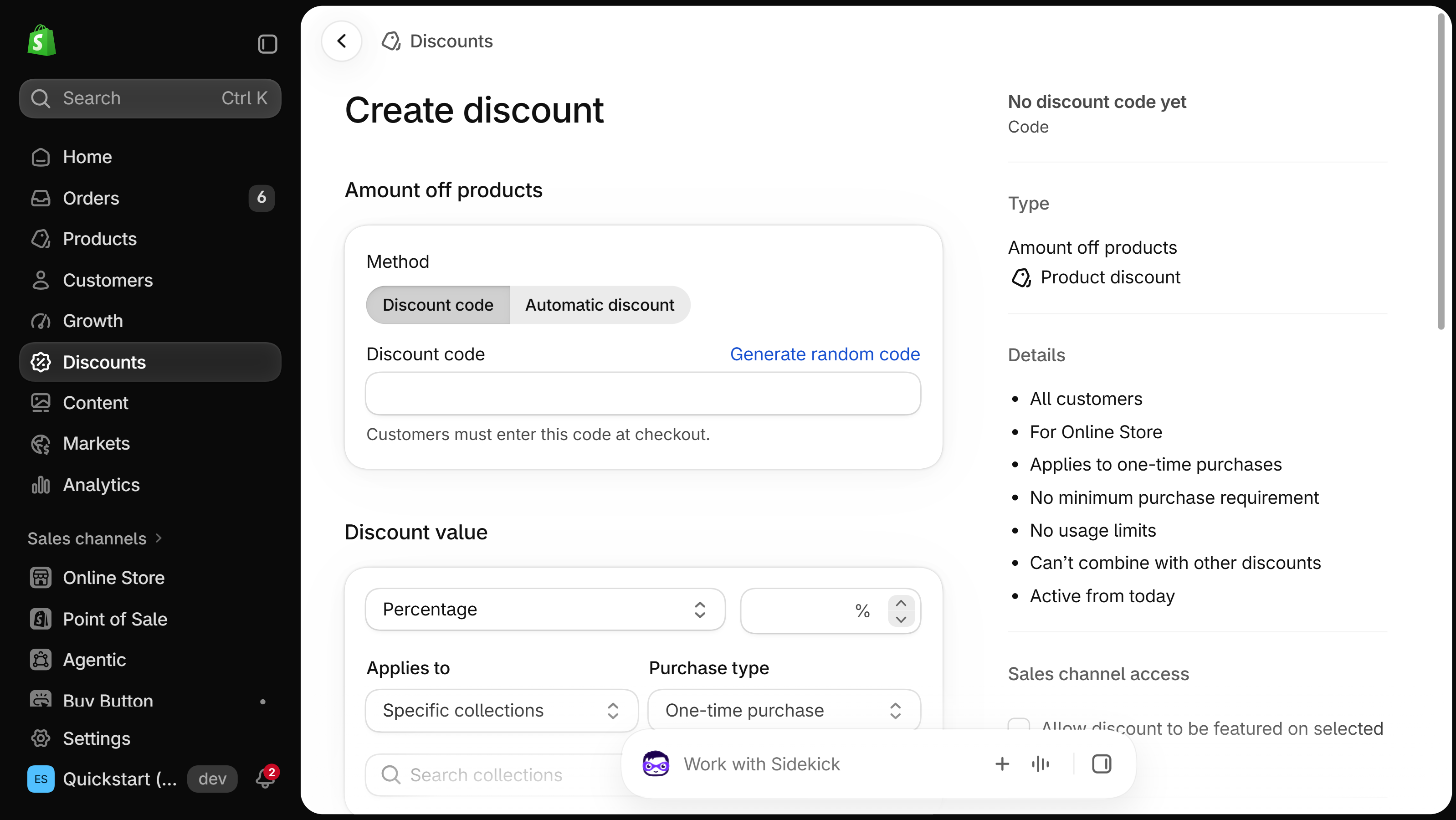 Create discount form for Amount off products with Method set to Discount code: one Discount code field with a Generate random code link and the hint Customers must enter this code at checkout, beside a Details summary