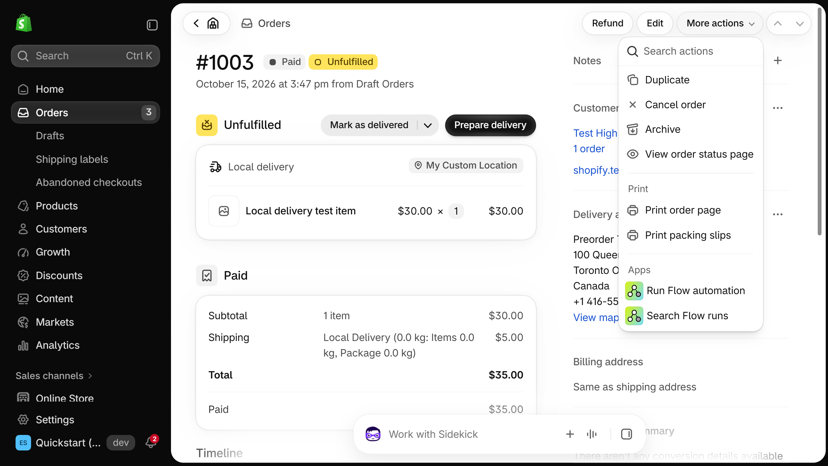 Shopify admin order page for order #1003 with the More actions menu open, showing Duplicate, Cancel order, Archive and print options.