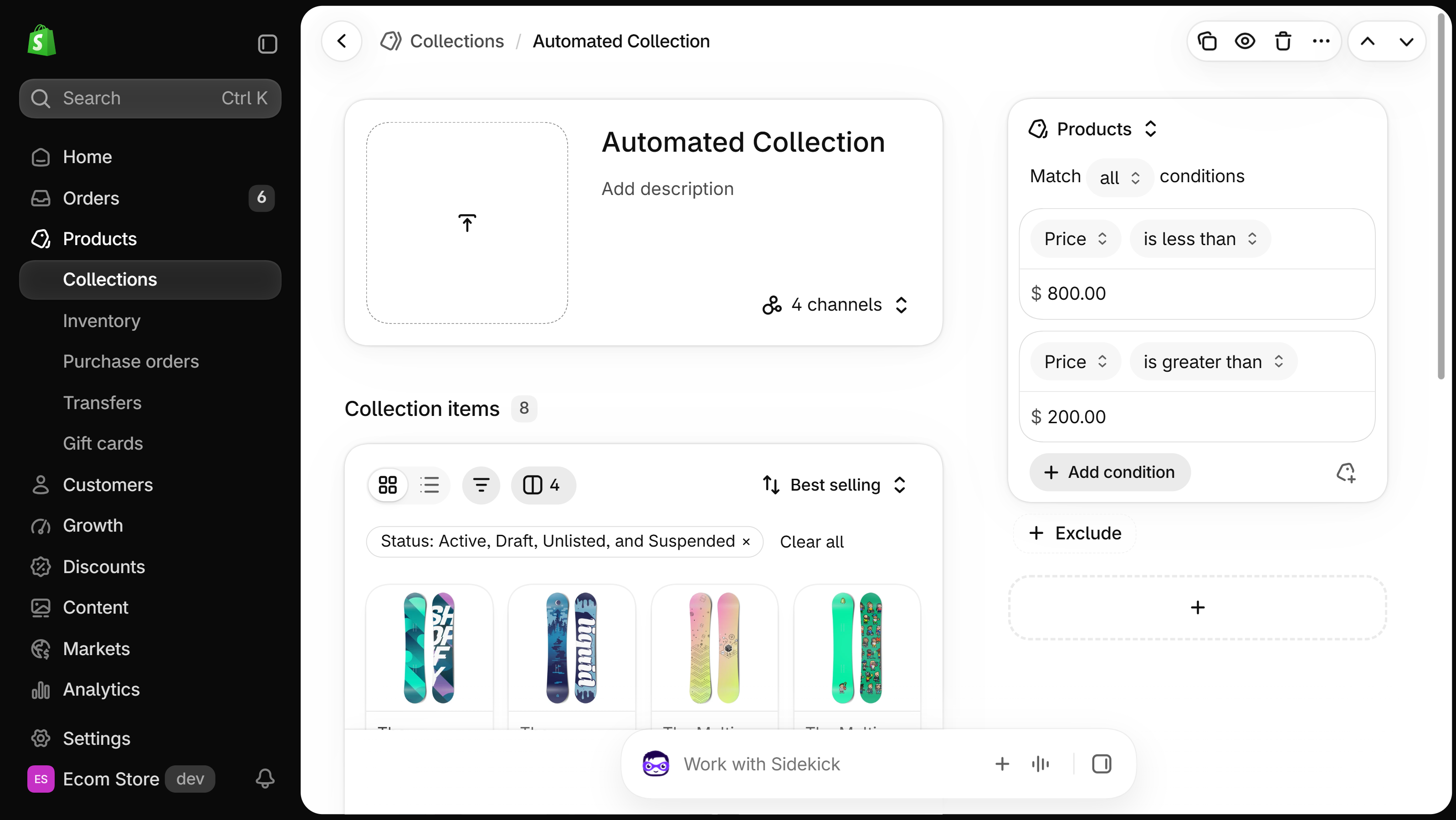 Shopify admin page of an automated collection with its price conditions; the duplicate icon is first in the row of action icons at top right