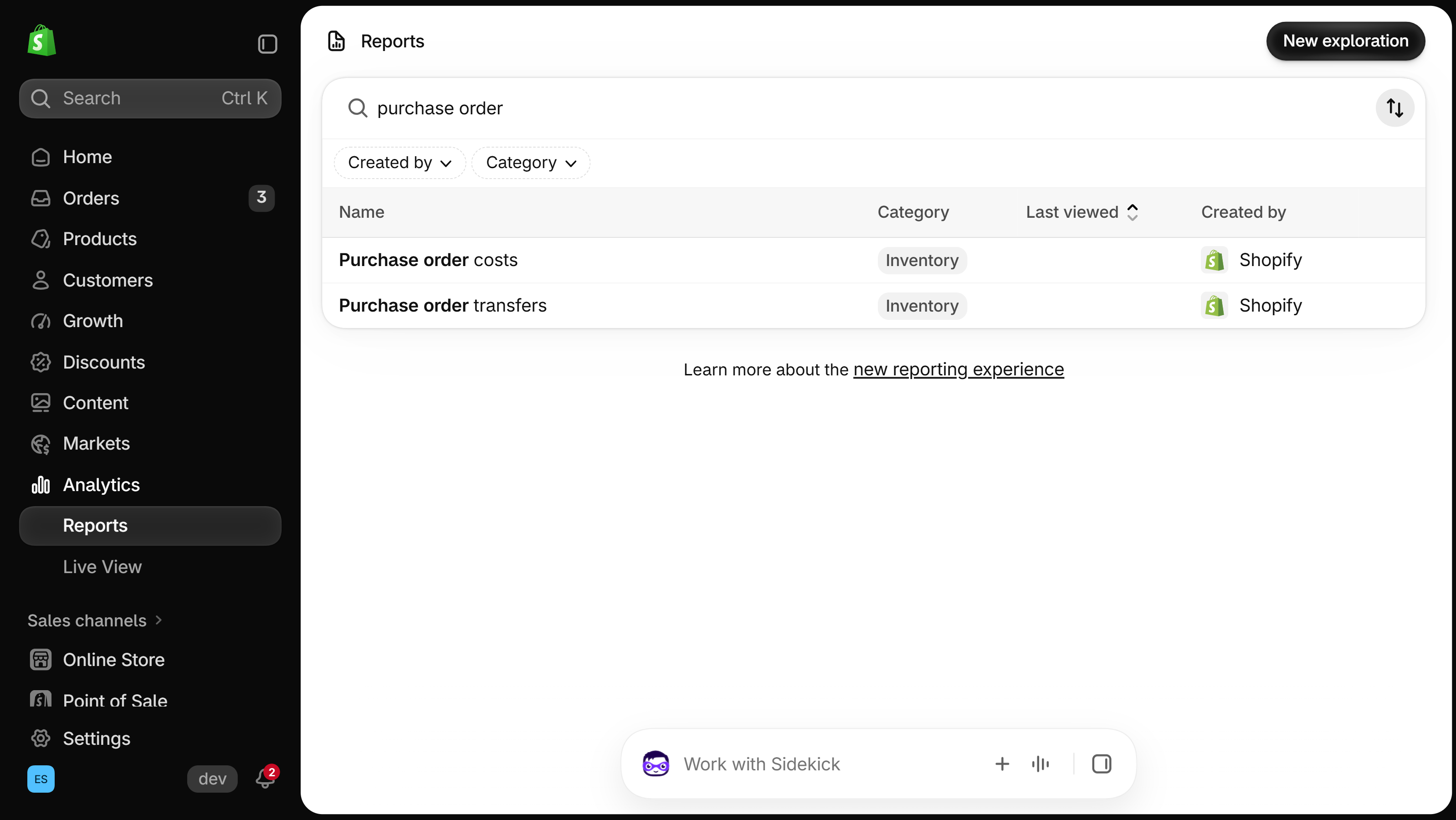 Shopify Analytics Reports list searched for purchase order, showing Purchase order costs and Purchase order transfers in the Inventory category