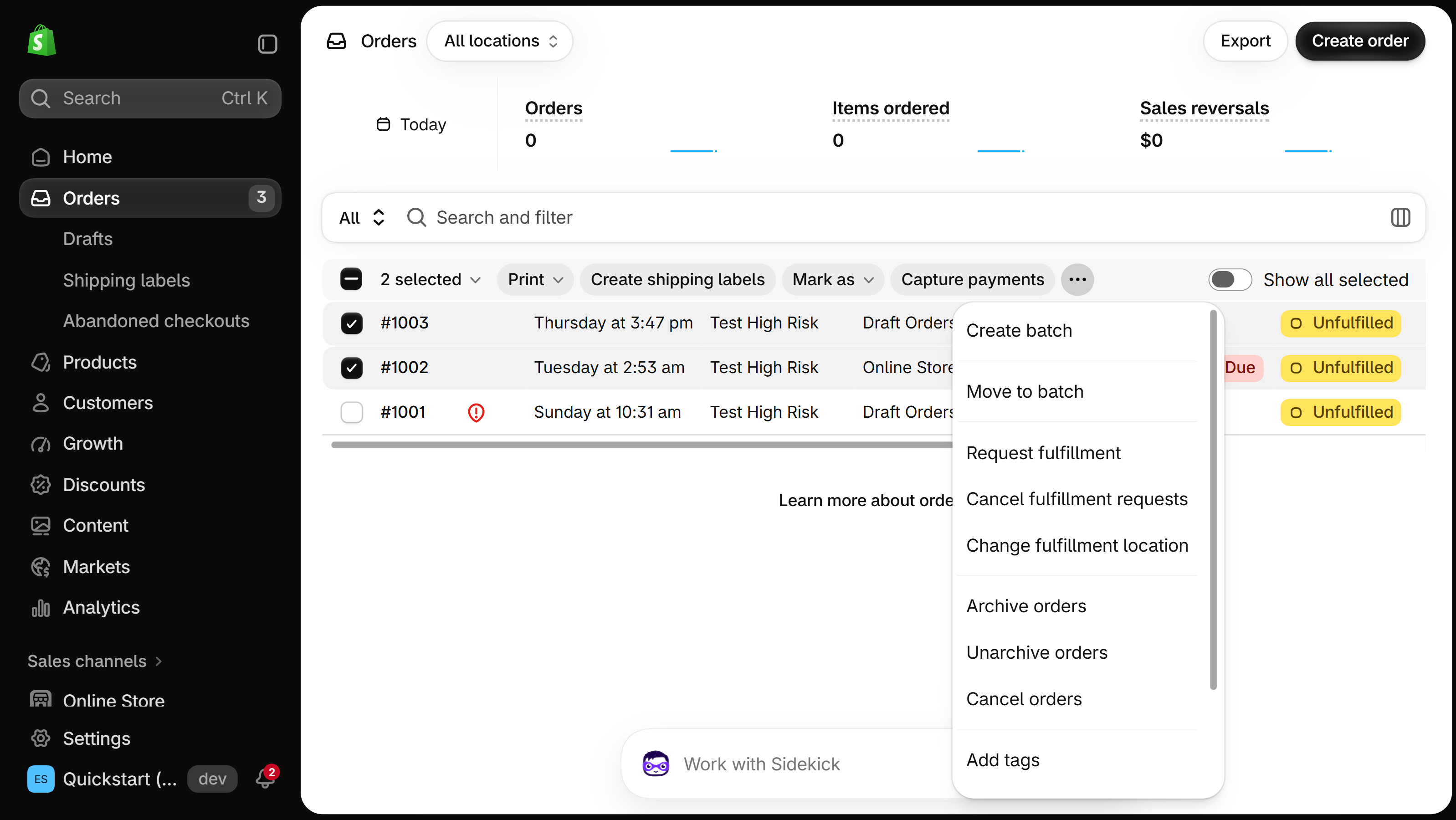 Shopify admin Orders page with the left menu open, two orders selected and the bulk actions bar's more-actions menu listing Create batch and Move to batch