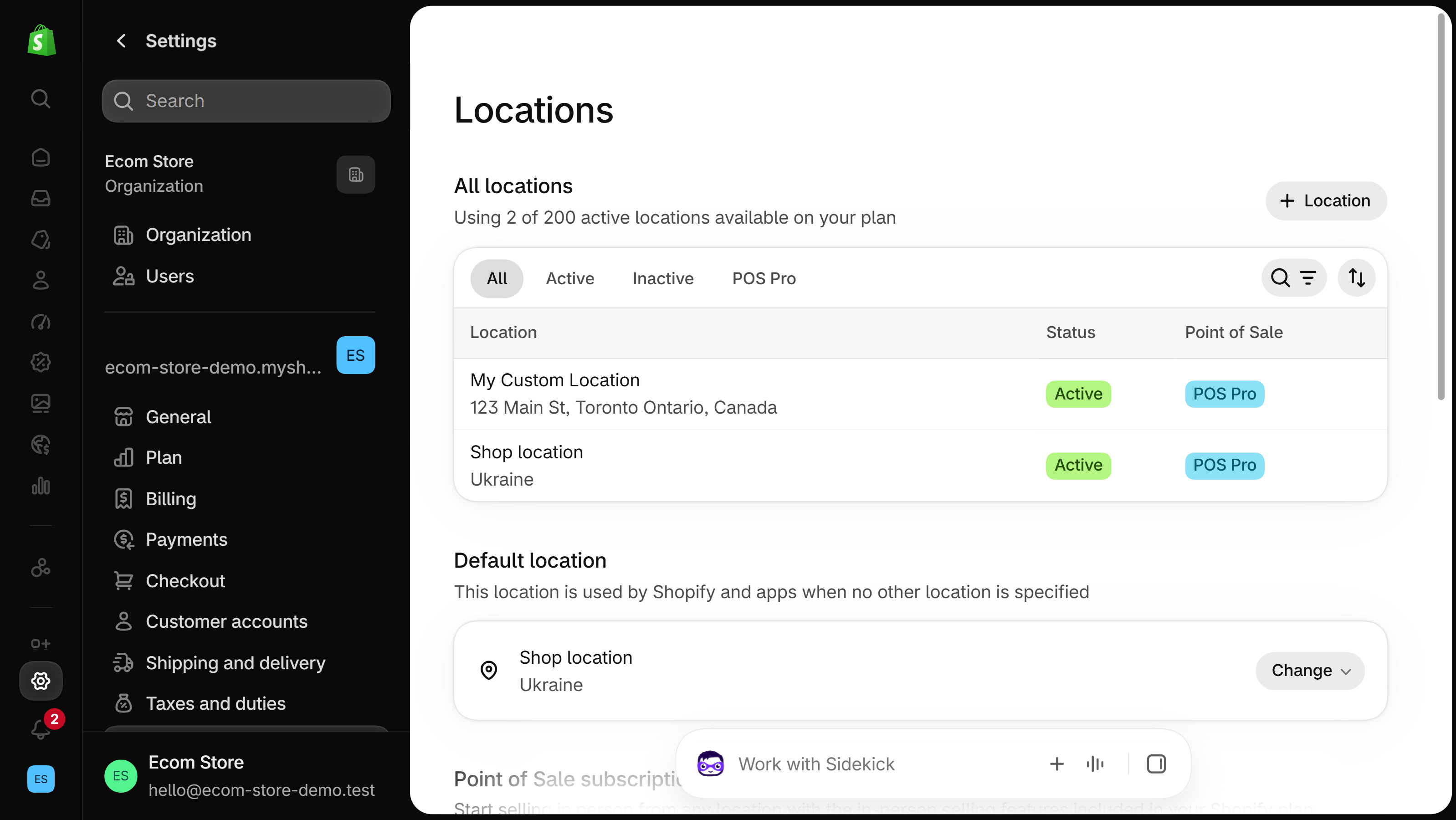 Shopify admin Locations settings with the left menu open and two locations, each with an Active status and an address