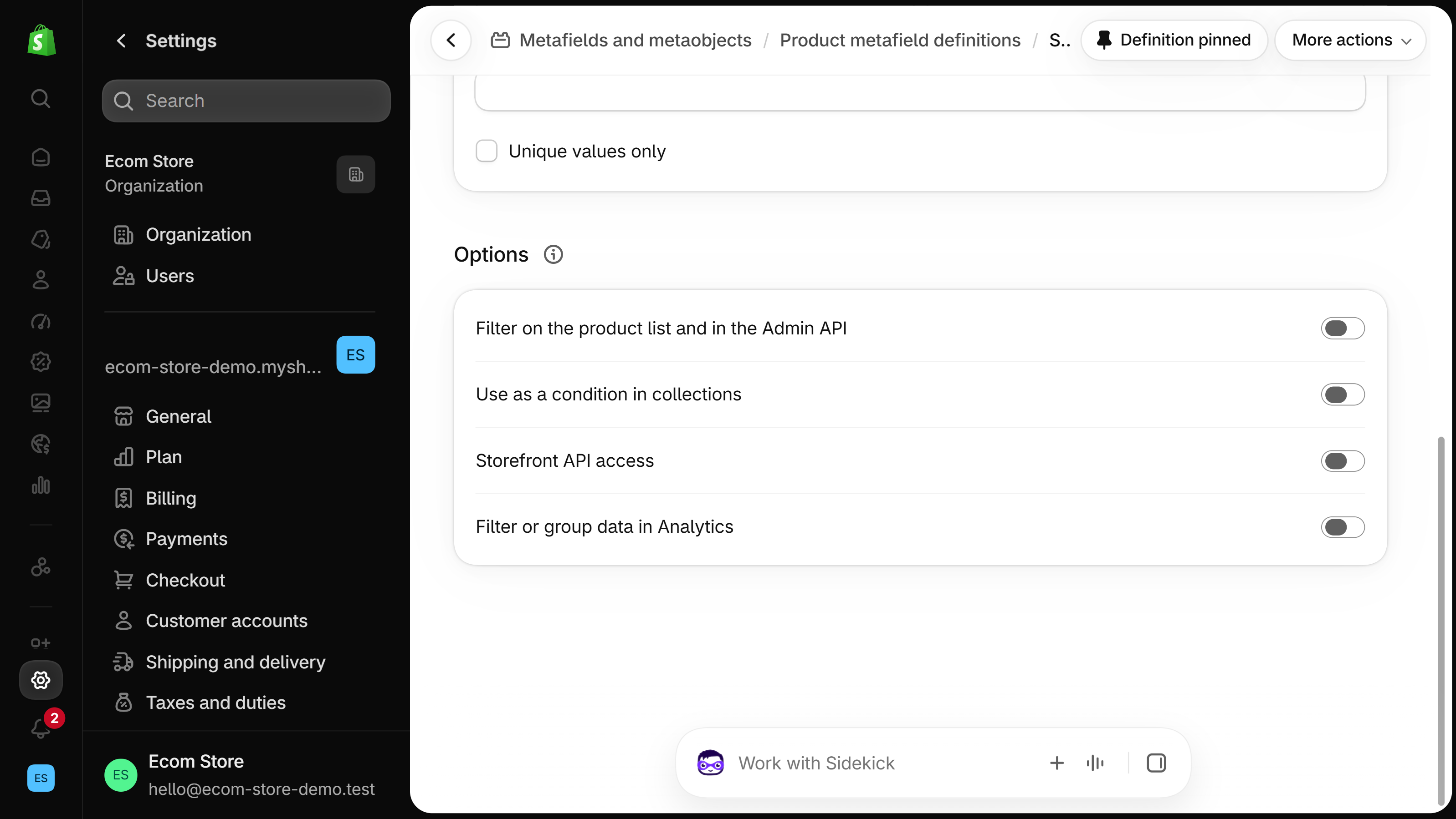 A product metafield definition with an Options card of four switches, the last one labelled Filter or group data in Analytics, and the Settings menu on the left