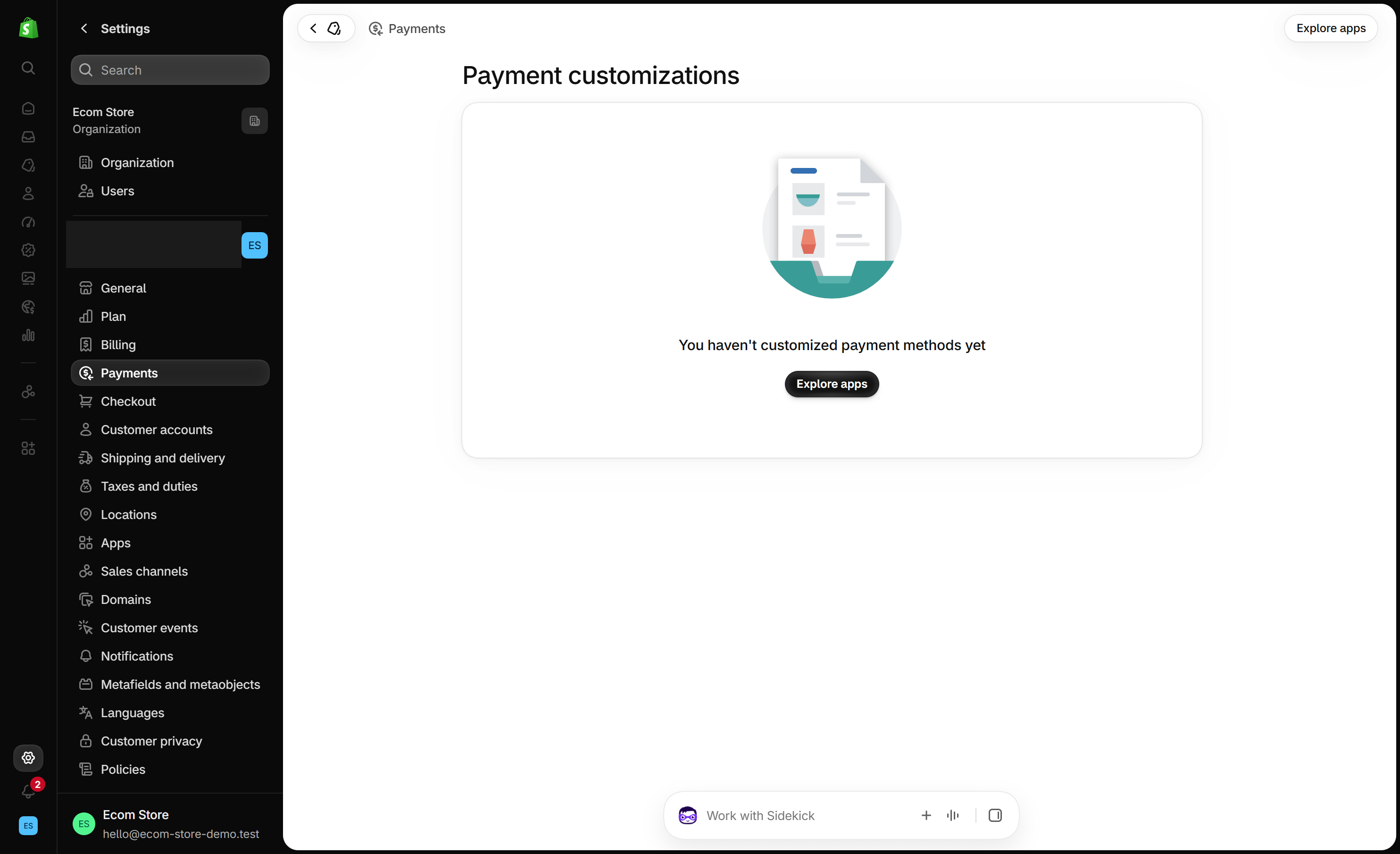 Shopify admin Payment customizations page with the message You haven't customized payment methods yet and an Explore apps button