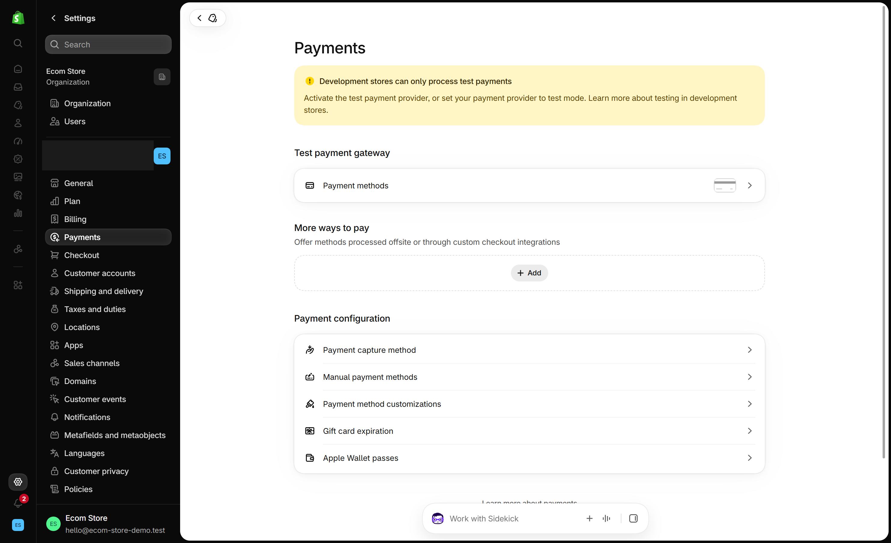 Shopify admin Settings, Payments page with Manual payment methods and Payment method customizations listed under Payment configuration
