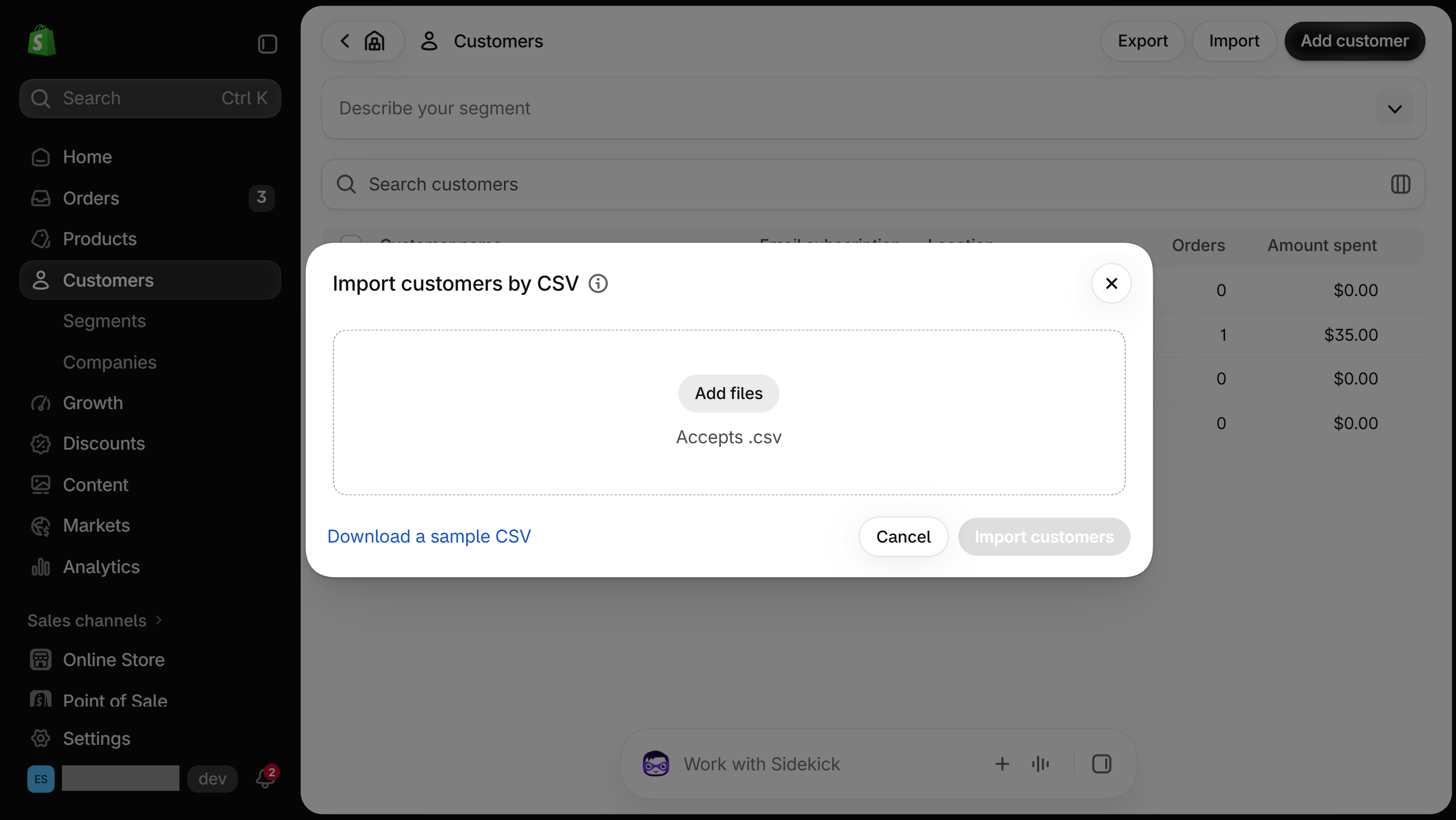 Shopify admin Customers page with the Import customers by CSV dialog open: an Add files button, a Download a sample CSV link, and Cancel and Import customers buttons