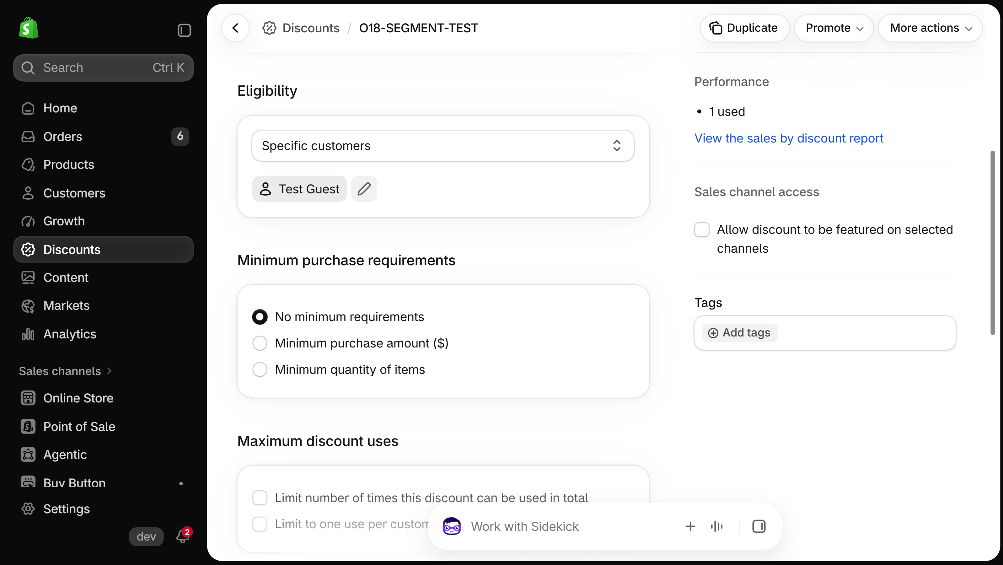 Shopify discount page with the Eligibility card set to Specific customers and one customer, Test Guest, added