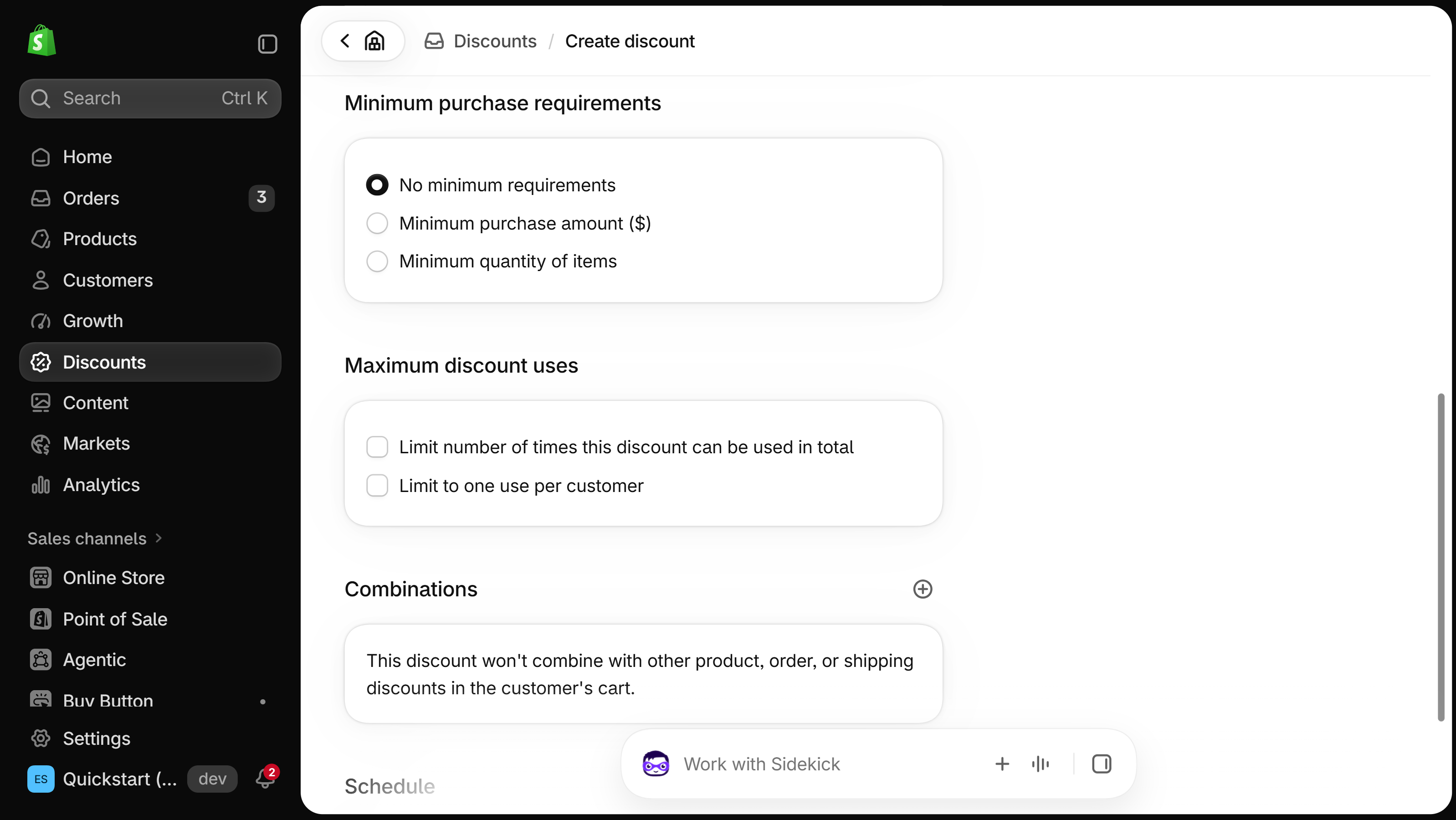 Lower part of the discount code form for Amount off order: Minimum purchase requirements, then the Maximum discount uses card with Limit number of times this discount can be used in total and Limit to one use per customer, then Combinations