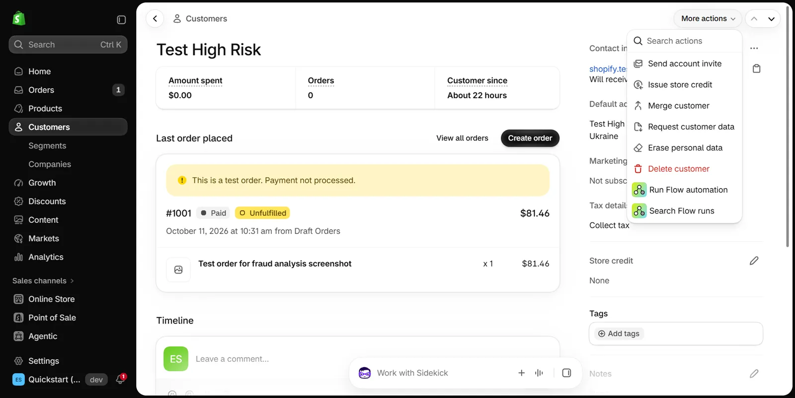 Shopify admin customer profile with the More actions menu expanded and Merge customer listed as the third item