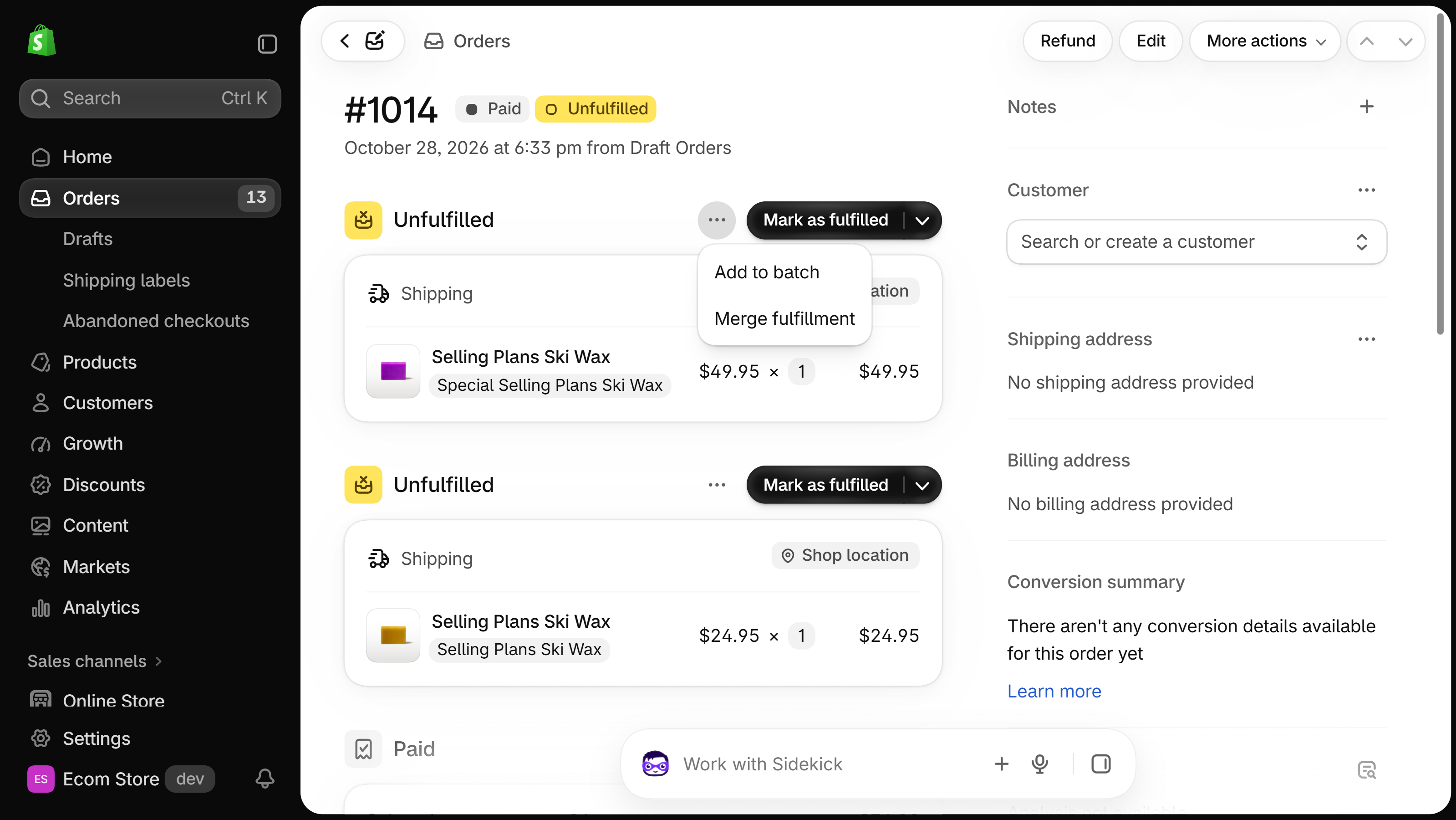 Shopify admin order page with two Unfulfilled sections from Shop location; the ⋯ menu of the first is open, showing Add to batch and Merge fulfillment