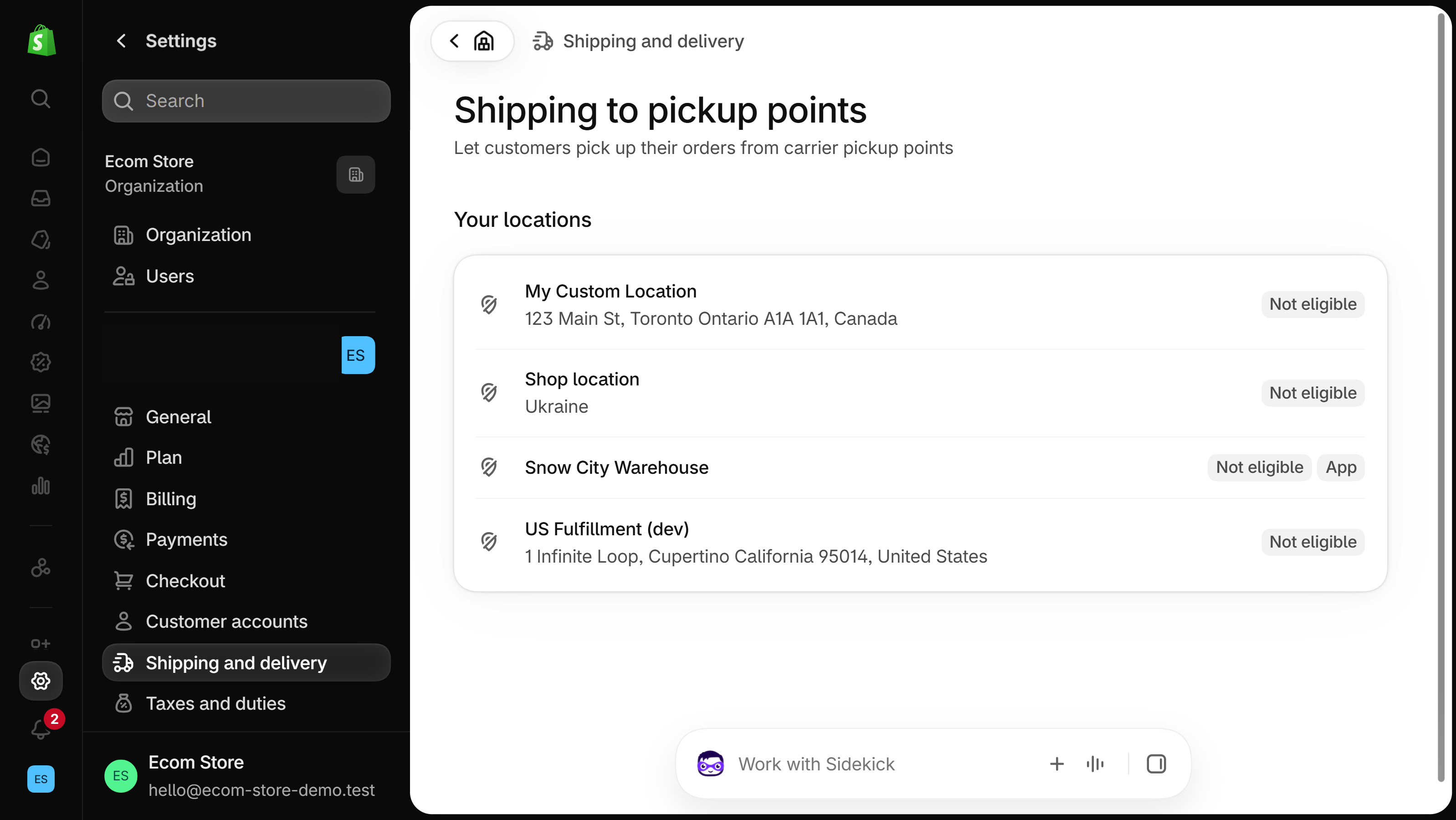 Shipping to pickup points page listing four store locations, three with addresses in Canada, Ukraine and the United States and one app location, each marked Not eligible