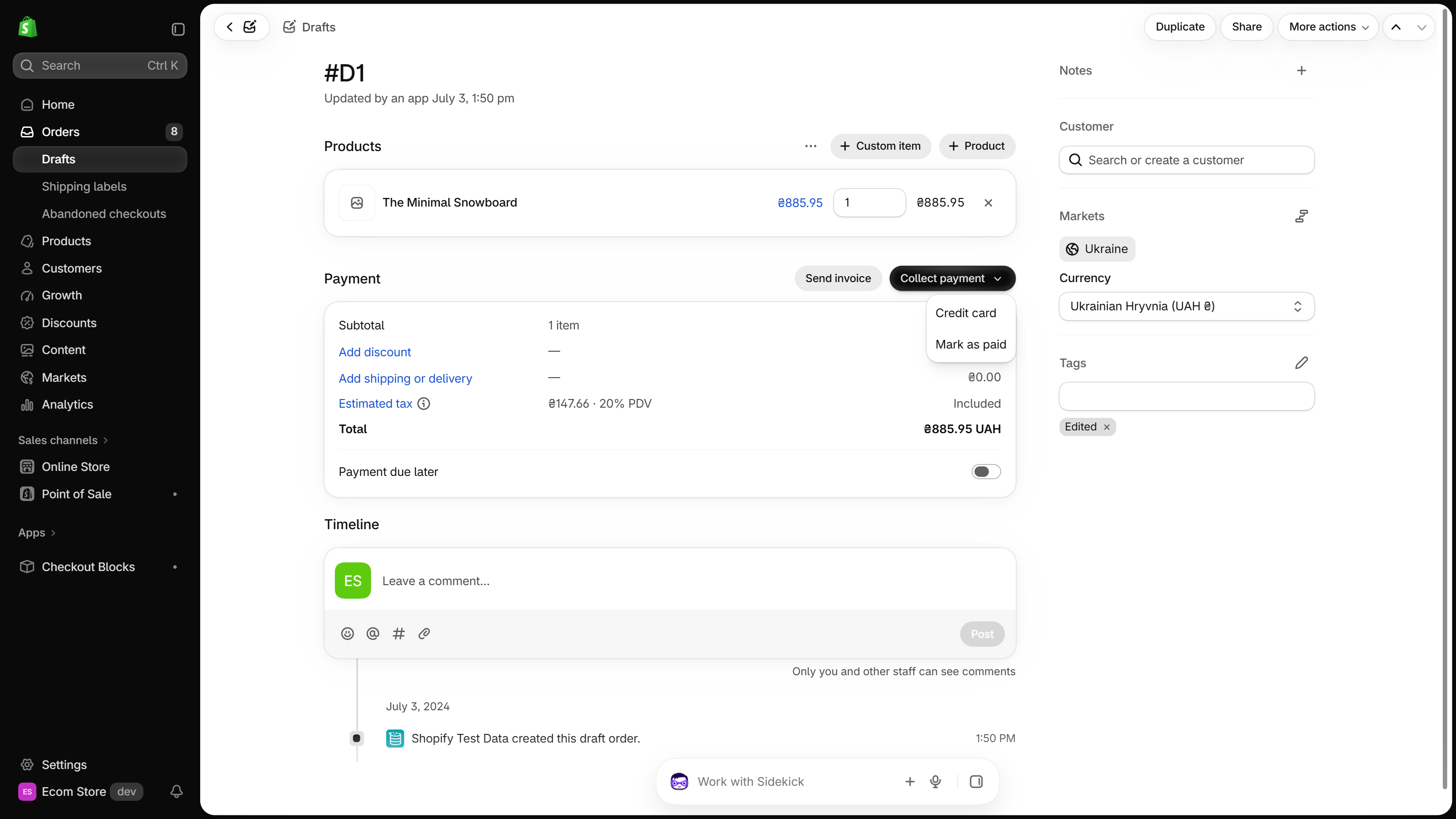 Open draft order in the Shopify admin with the Collect payment menu expanded, showing Credit card and Mark as paid beside Send invoice.