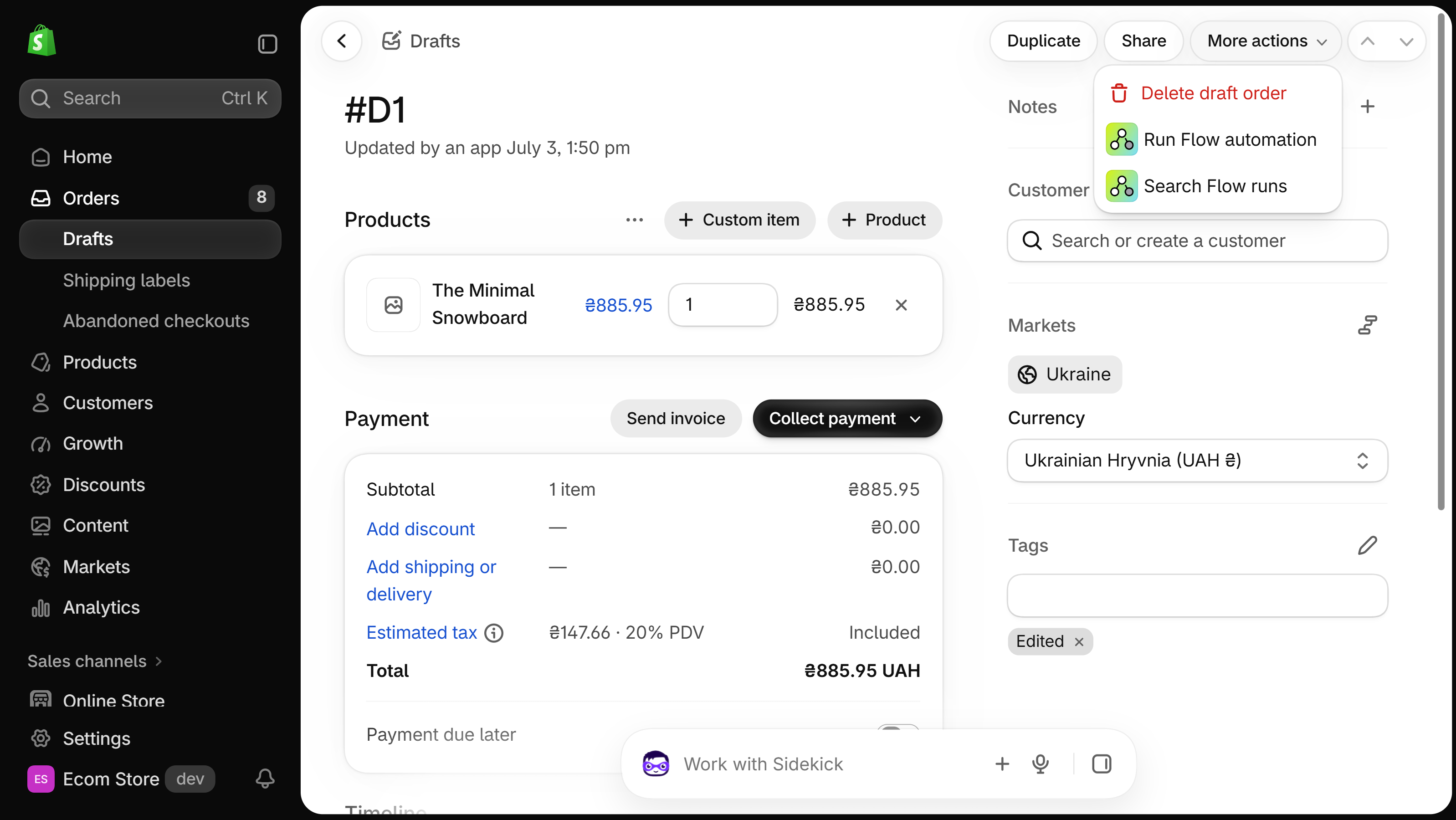 Open draft order in the Shopify admin with the More actions menu expanded, listing Delete draft order, Run Flow automation and Search Flow runs.