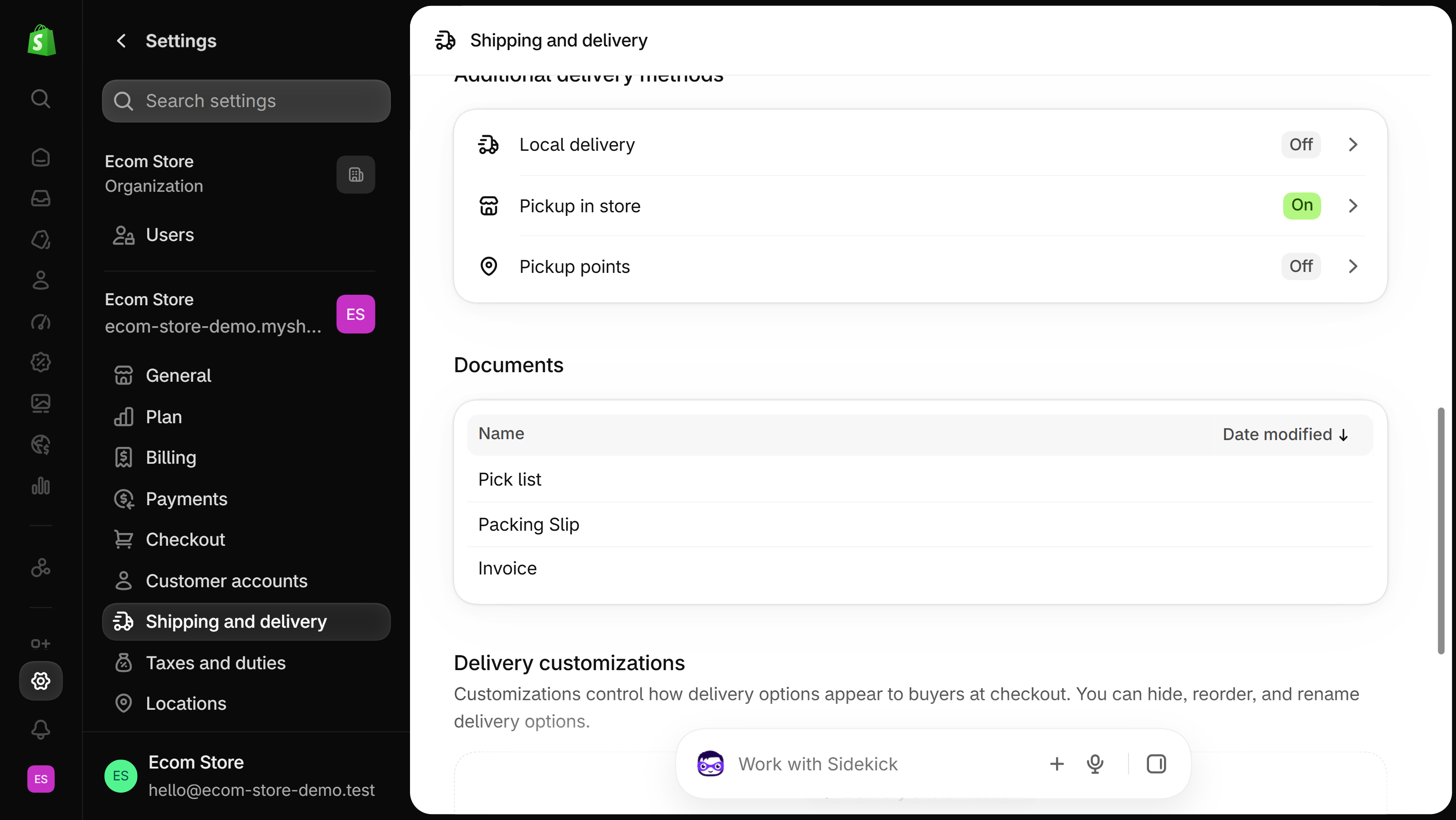 Settings > Shipping and delivery, Documents section listing the Pick list, Packing Slip and Invoice templates.