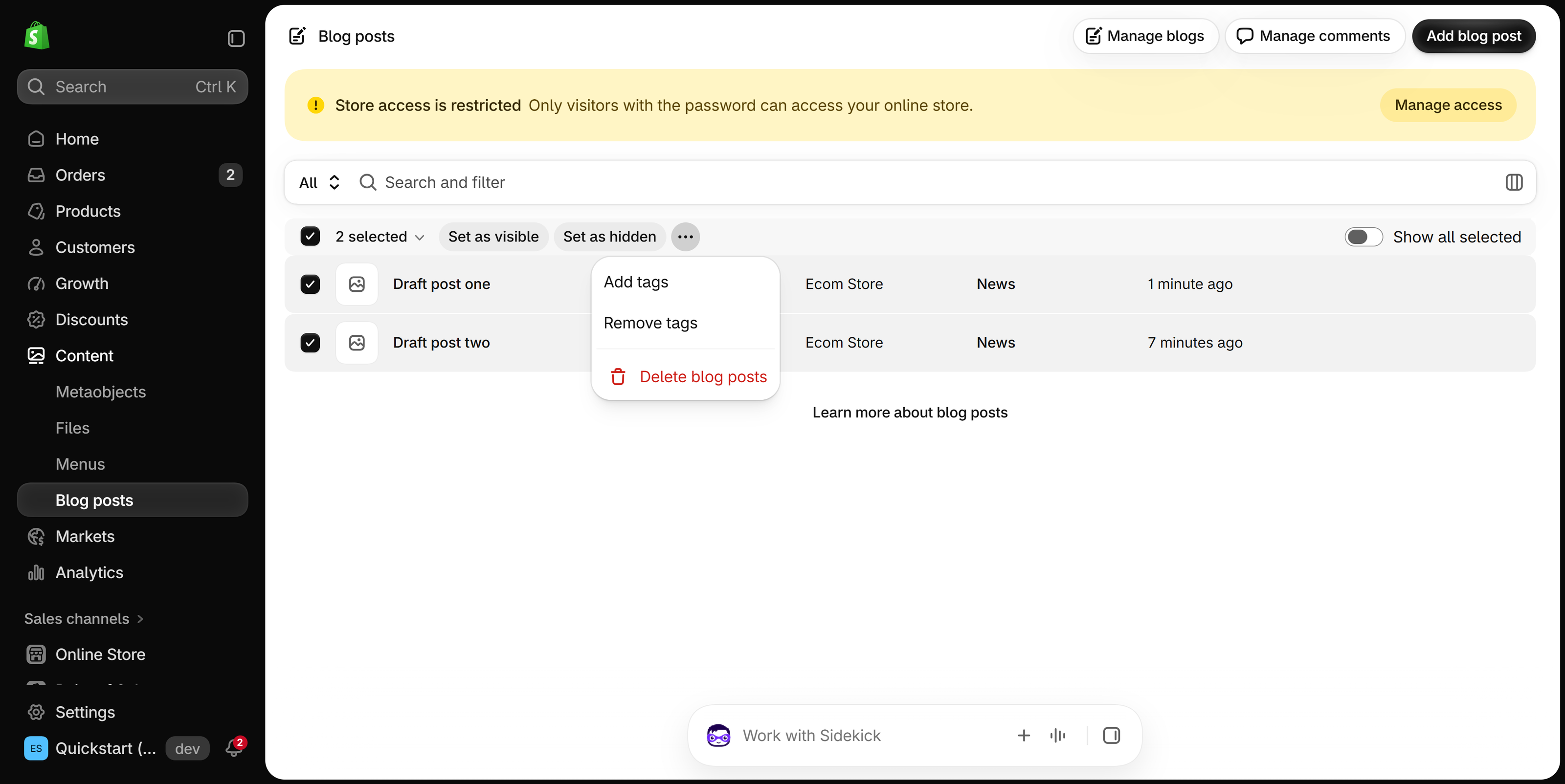 Blog posts list with two posts selected and the more-actions menu open